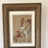 Ornithological painting, marquetry frame