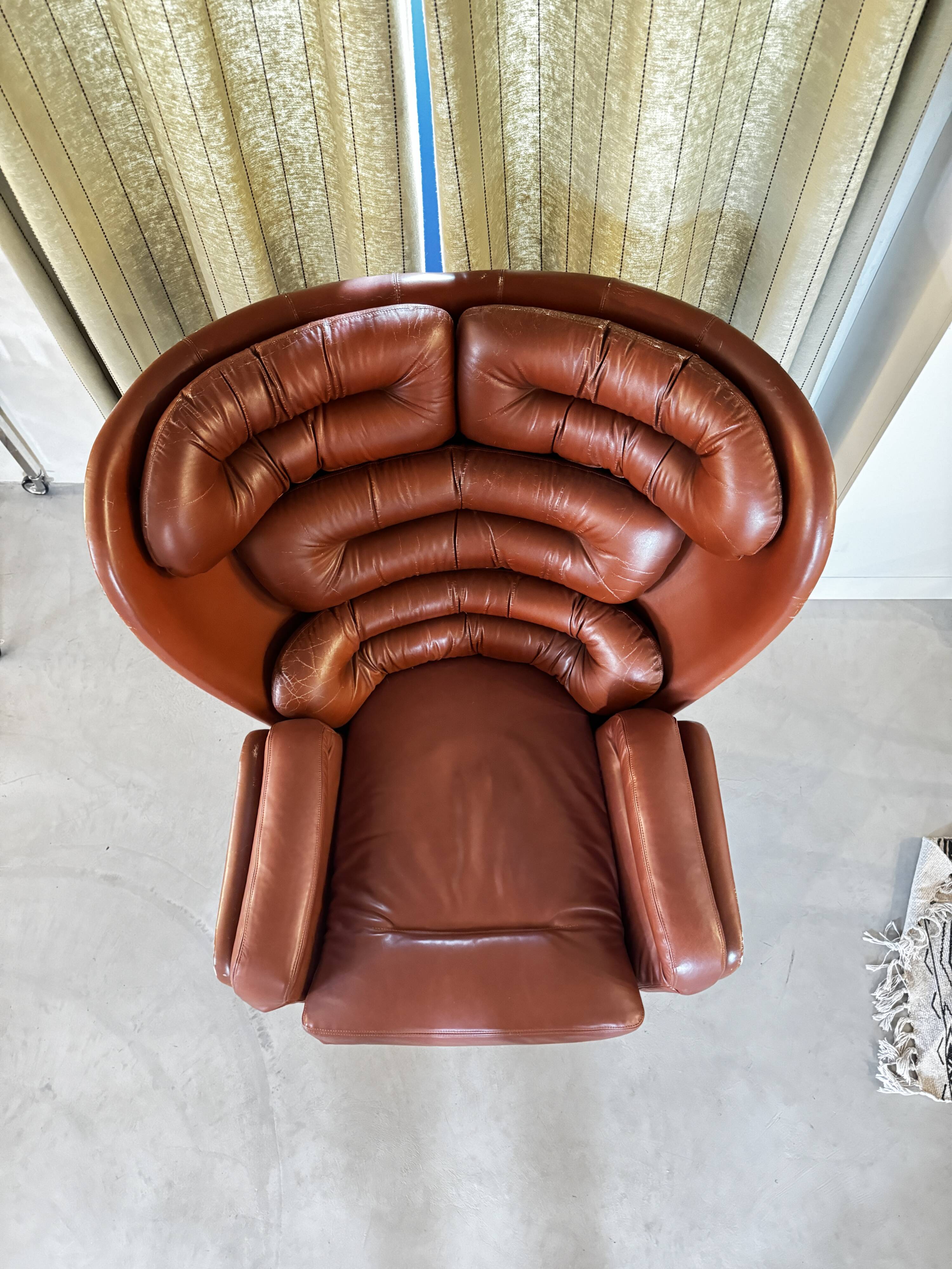 Elda armchair by Joe Colombo, black shell, brown leather