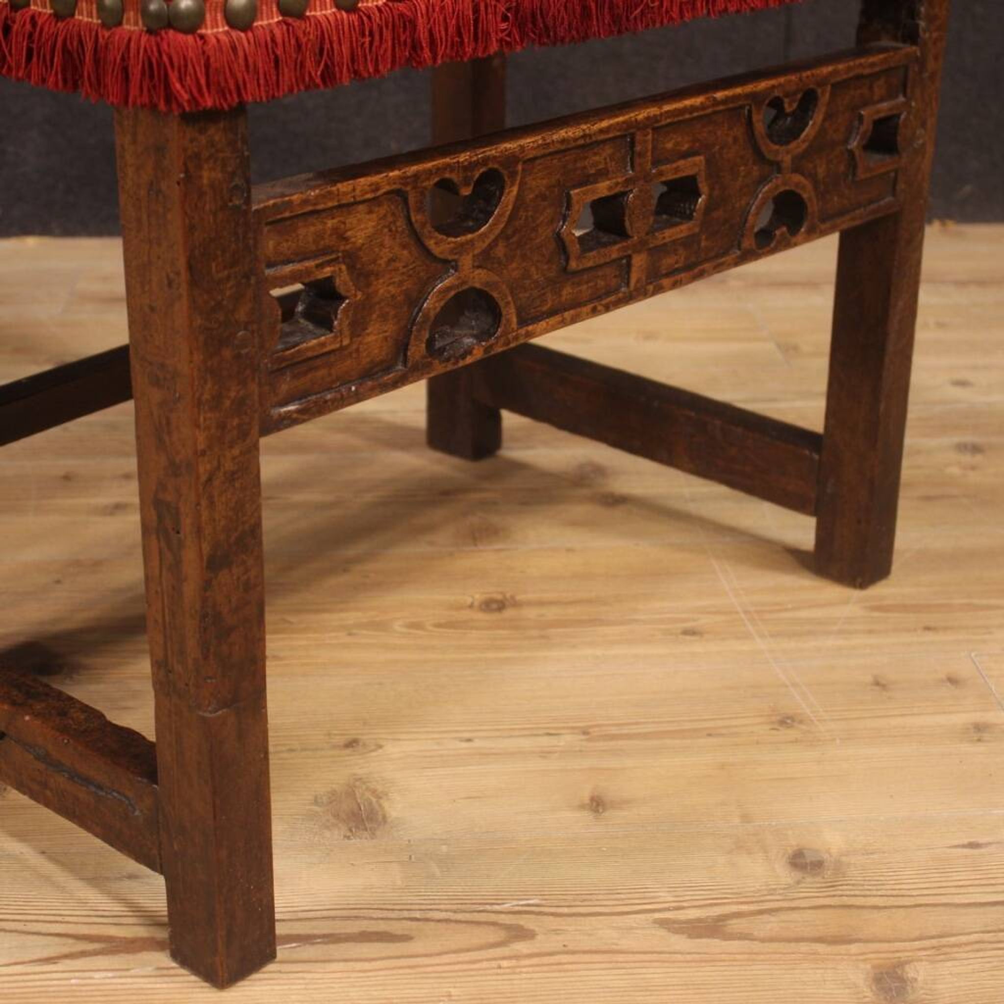 Antique Italian Walnut Armchair With Red Fabric From 19th Century