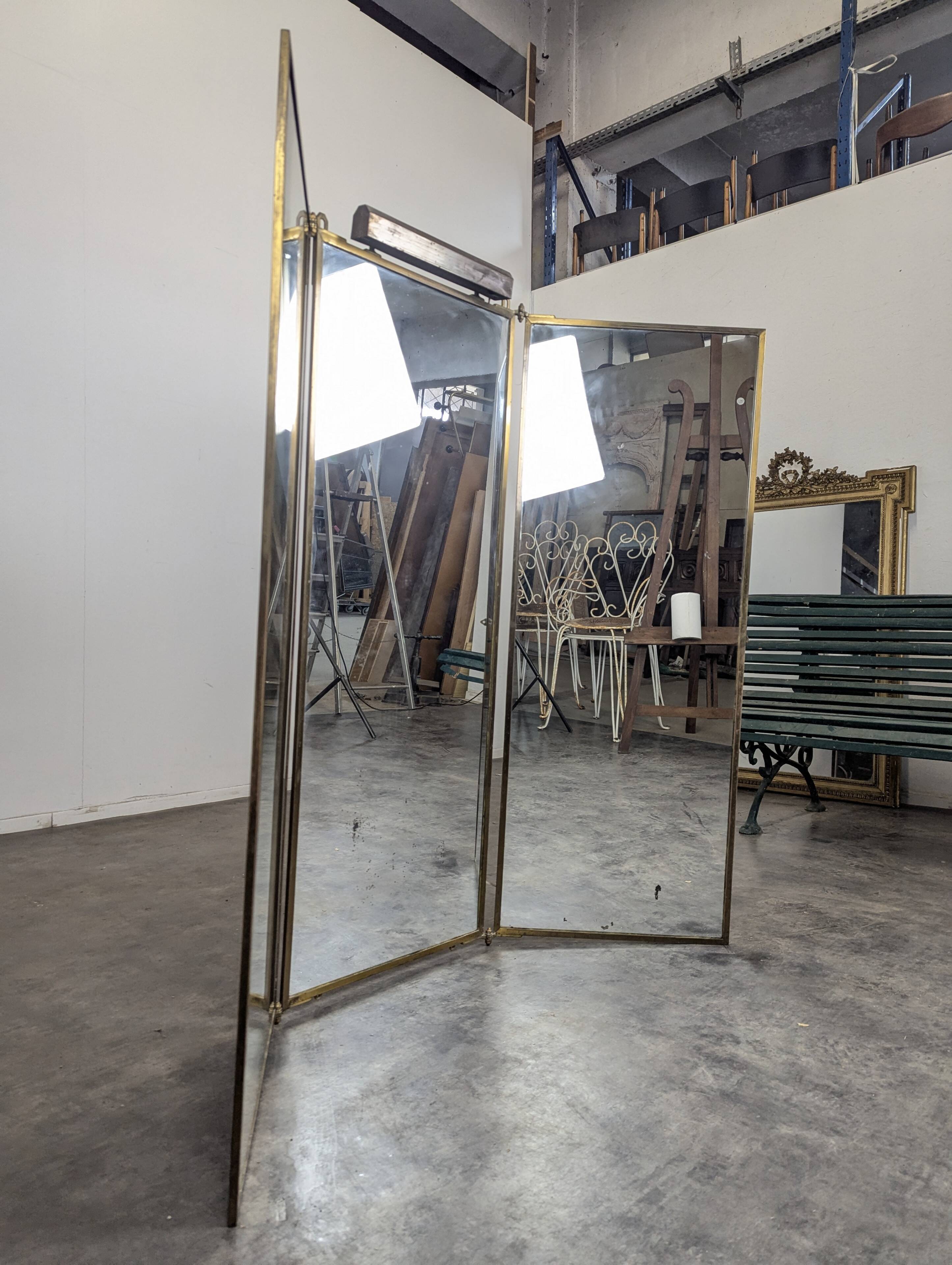 Nickel-plated bronze triptych mirror from the early 20th century.