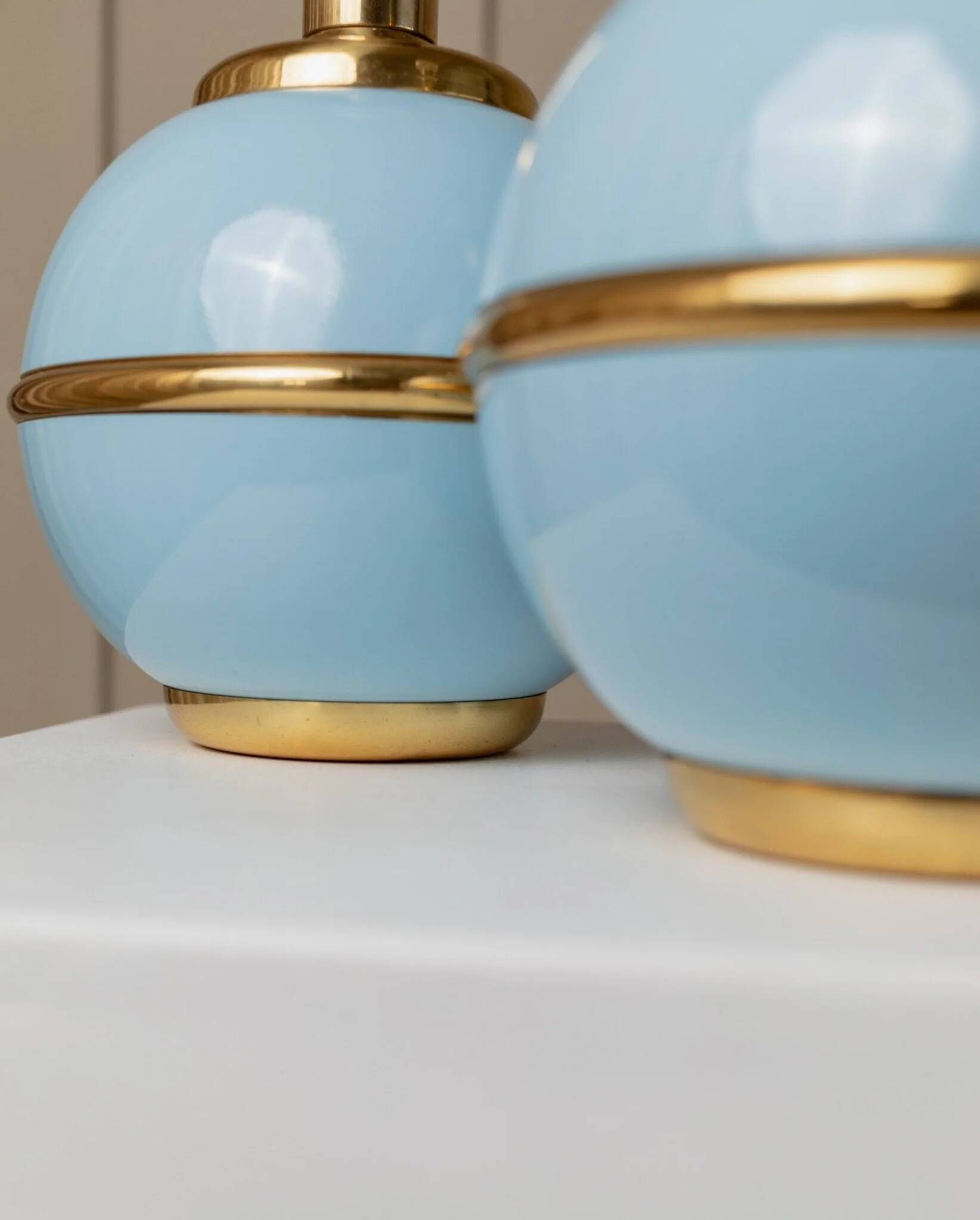 Set of 2 Light-Blue Ceramic Table Lamps with Gold Trim Italy 1980s Hollywood Regency Style