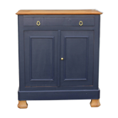 Buffet ancien en bois massif – Bleu profond & plateau bois