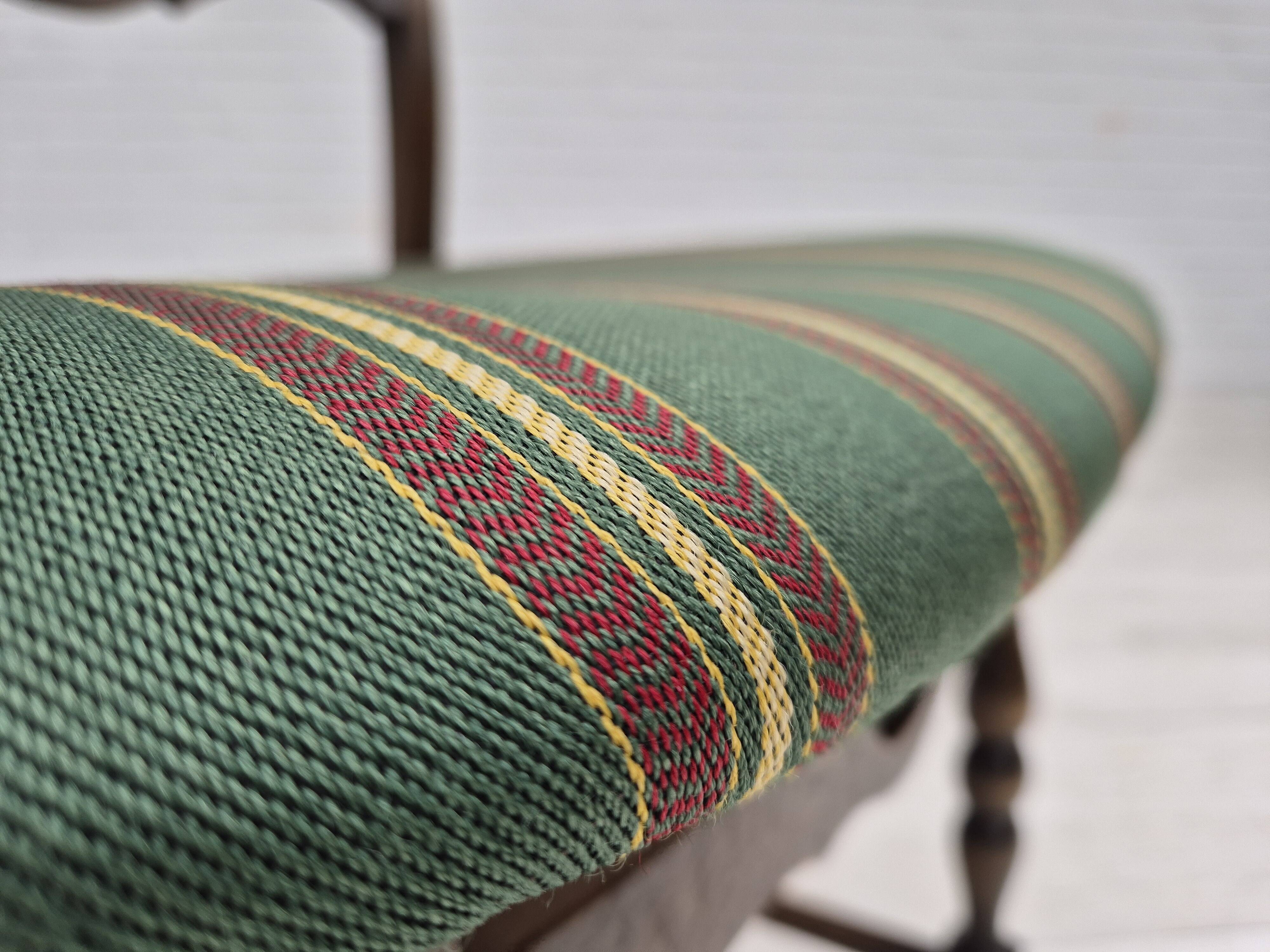 1970s, set of 4 Danish dining chairs, original condition, dark oak wood, furniture wool fabric.