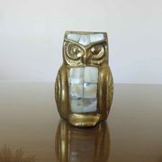 Owl, owl in golden brass and mother-of-pearl 70s