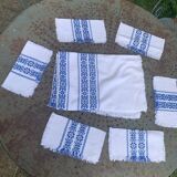 Rectangular tea tablecloth and 6 napkins, made in France, Basque linen, white and blue, Vintage