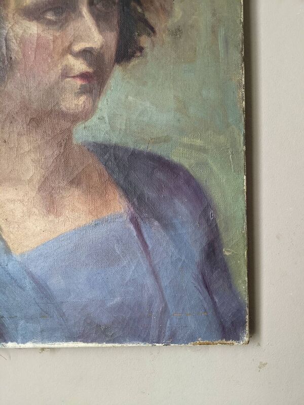 Huile sur toile portrait ancien décoration campagne bohème