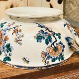 Large soup bowl in Gien earthenware model rooster and peonies