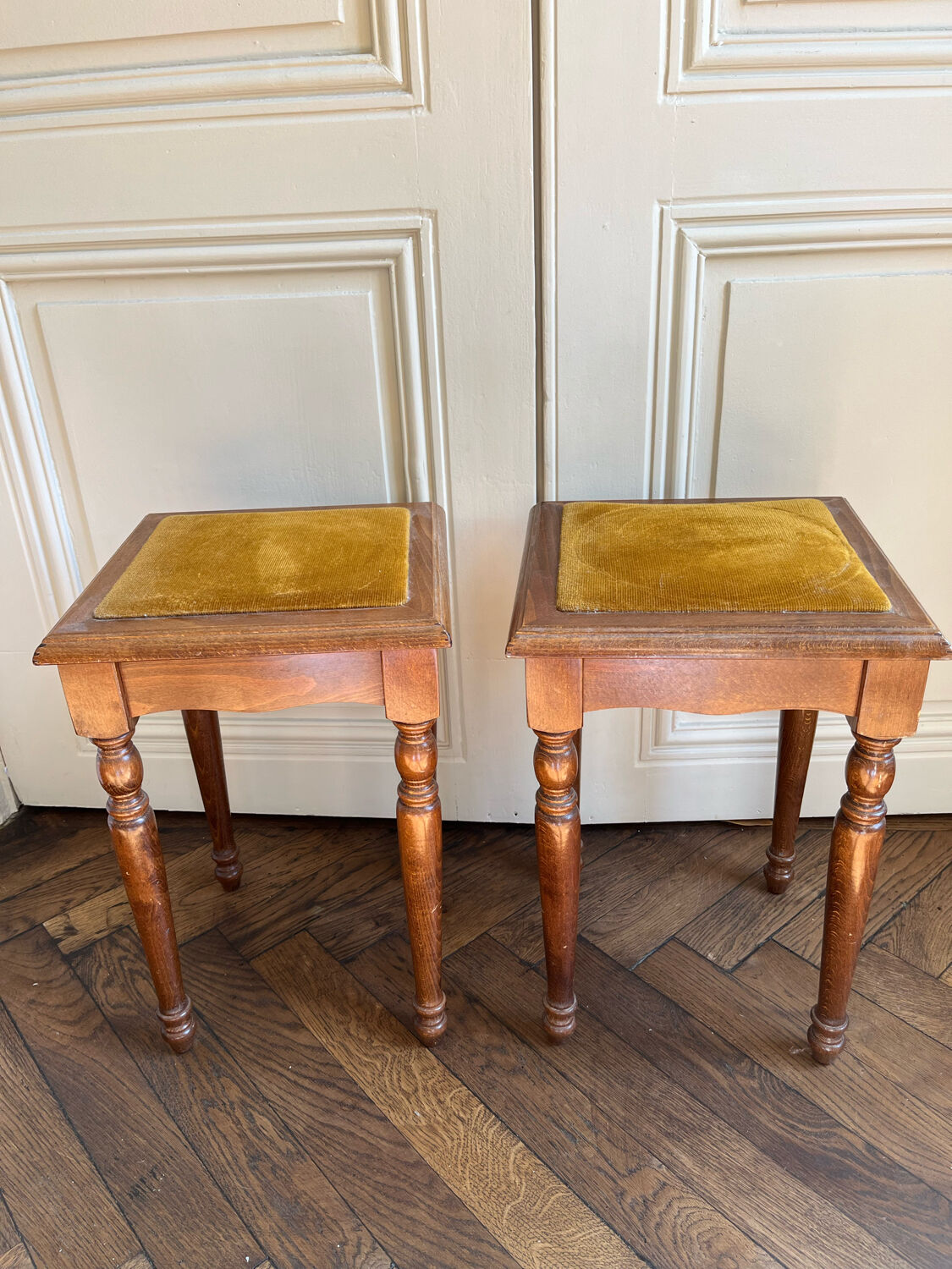 Antique wooden stools, velvet seats