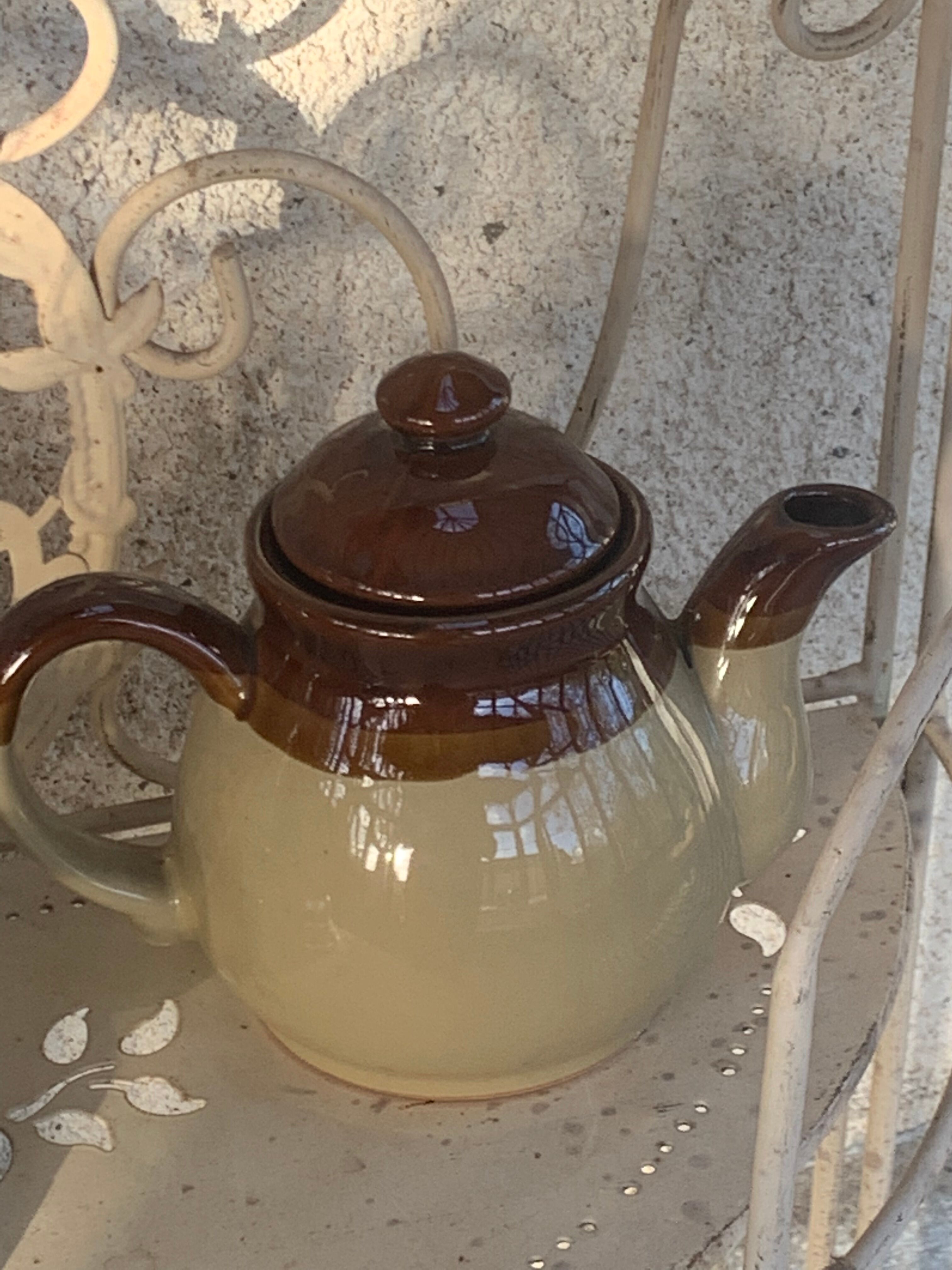 Two-tone stoneware teapot vintage floral pattern