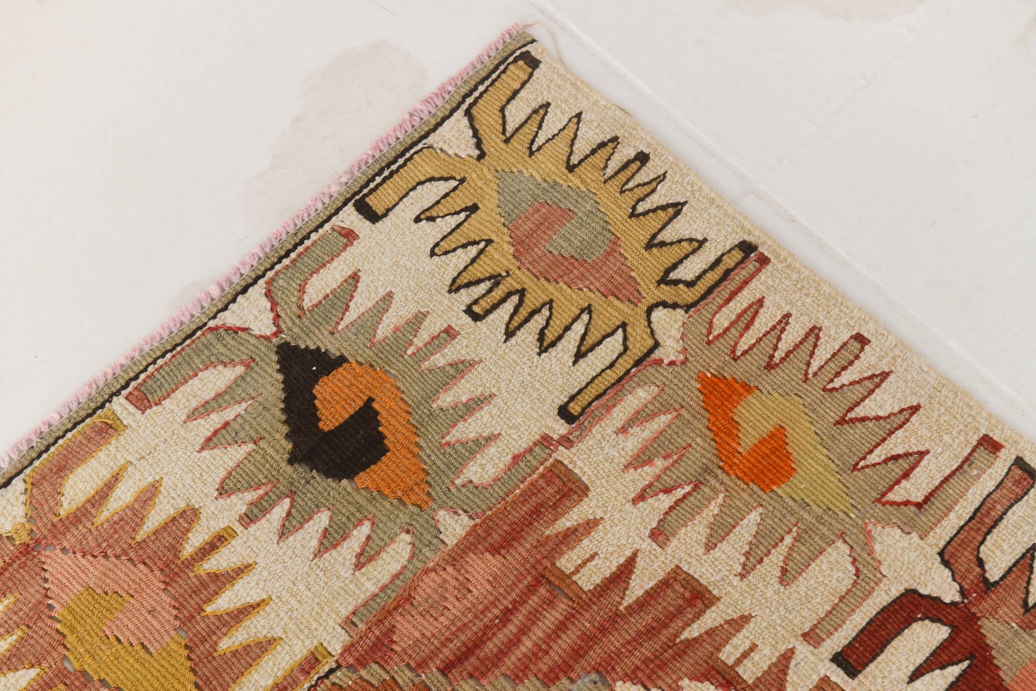 Tapis Kilim couleur terre cuite 212x438Cm, tapis en laine tissé à la main, tapis Oushak