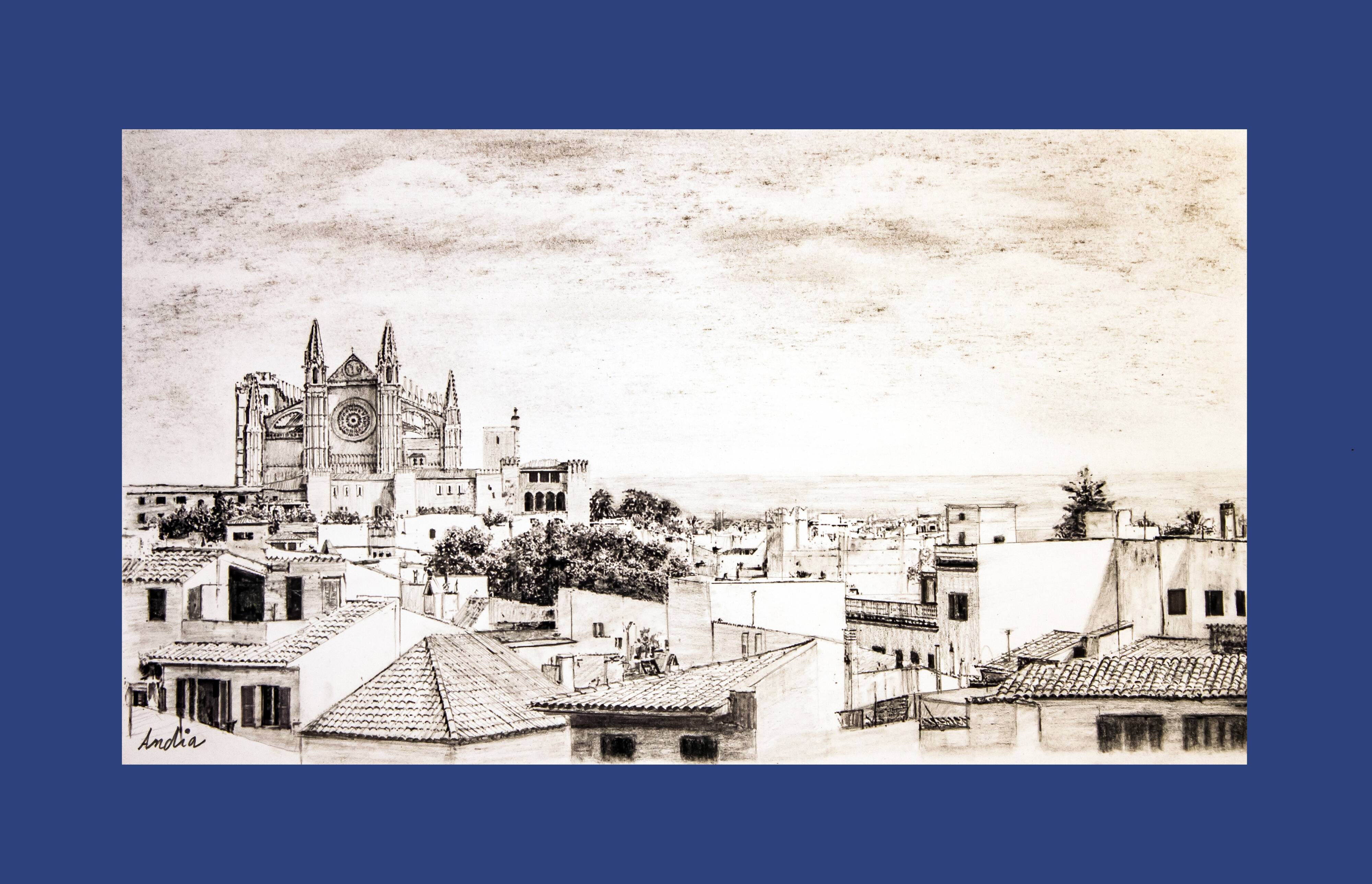 Description of a panoramic view of Mallorca. mallorca drawing. cuadro mallorca.