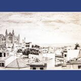 Description of a panoramic view of Mallorca. mallorca drawing. cuadro mallorca.