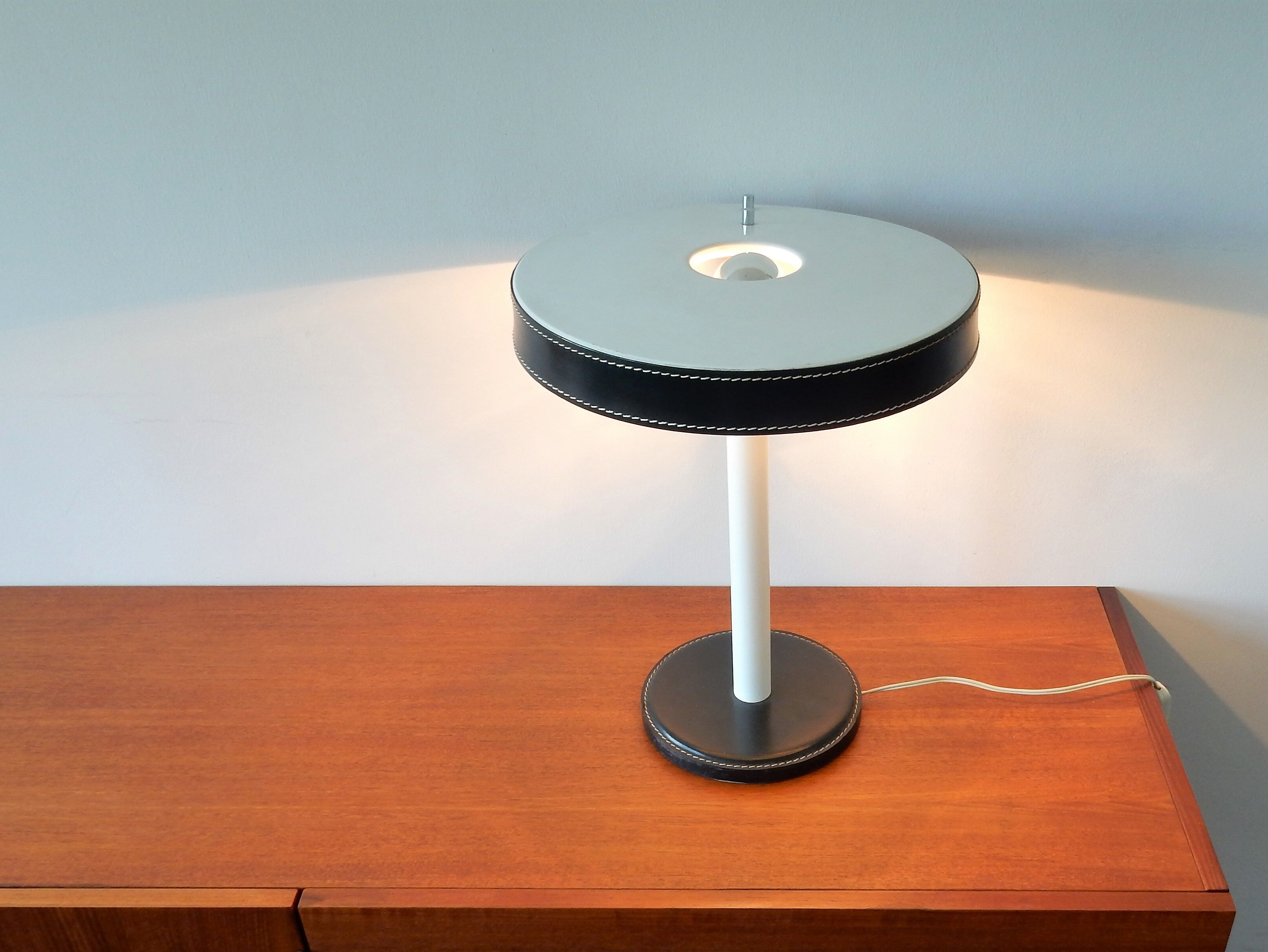 Vintage green leather and white metal table lamp