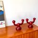 pair of burgundy enameled ceramic candlesticks / candelabras signed 1949