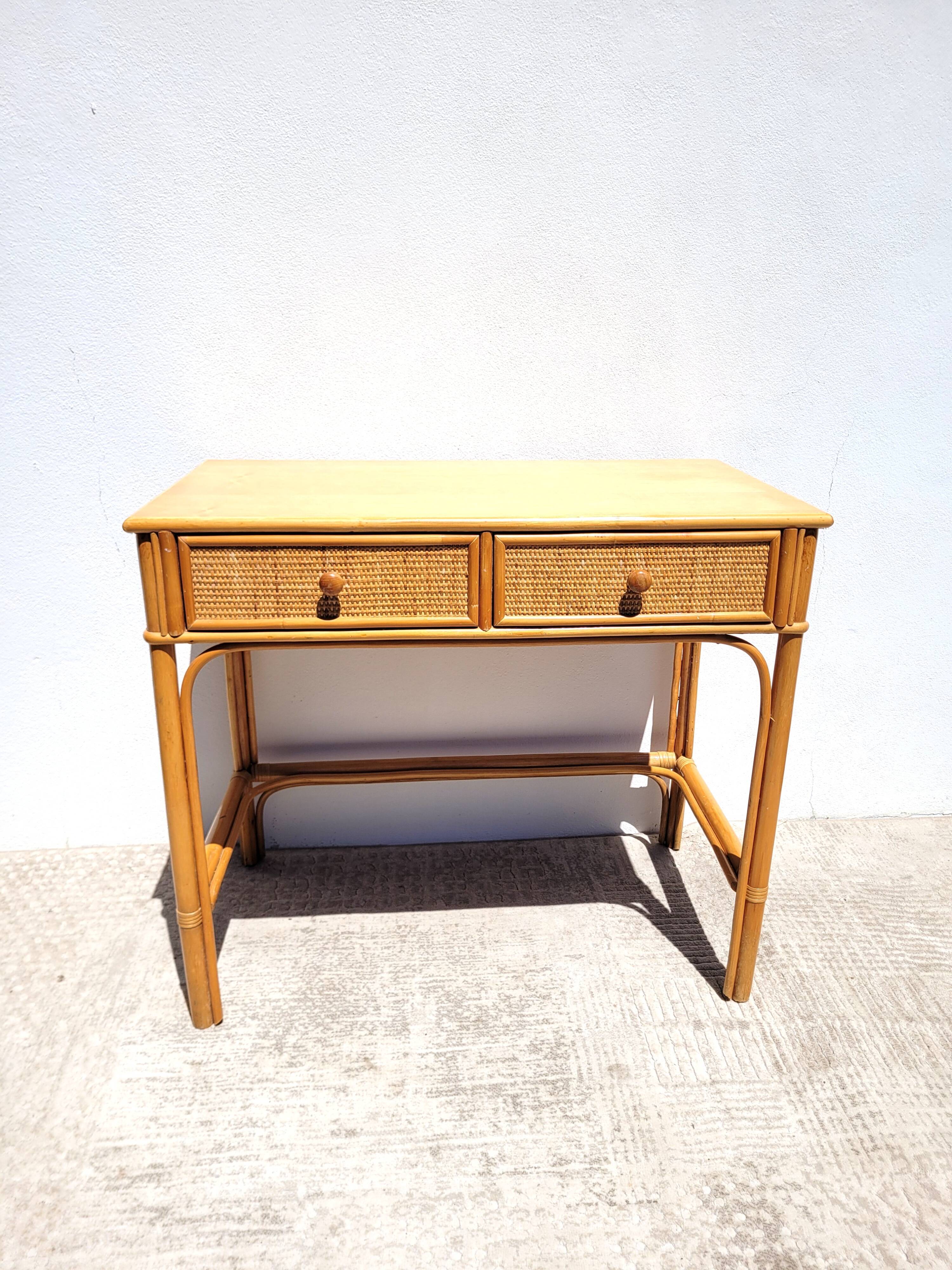 Desk 2 drawers vintage rattan