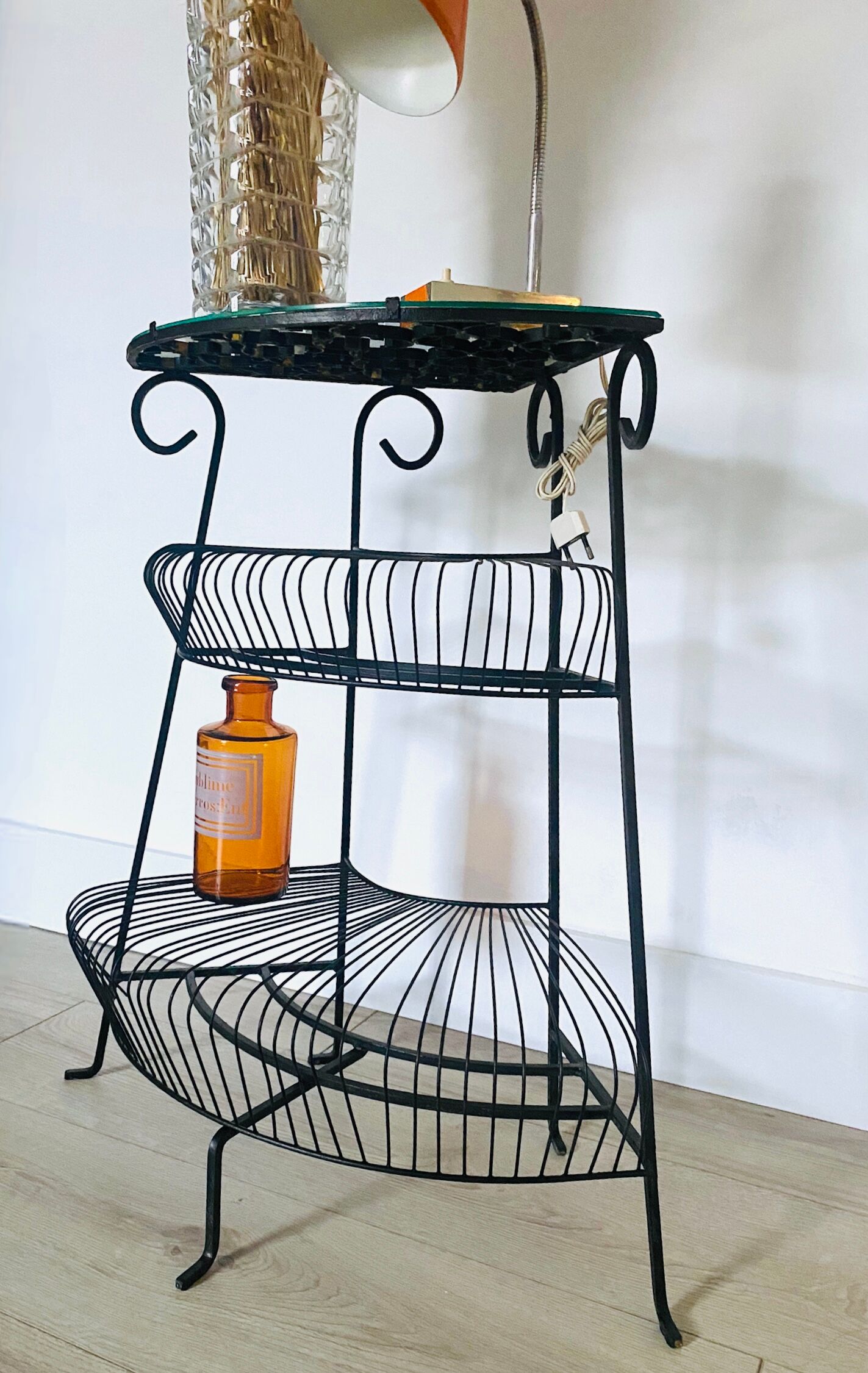 Vintage wrought iron corner shelf