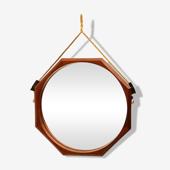 Miroir vintage octogonal en teck de style scandinave, Italie 1960