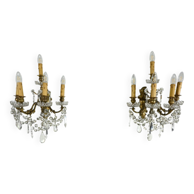 Appliques à Pampilles en Bronze et Cristal, style Louis XV – Fin XIXe