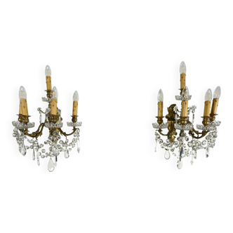 Bronze and Crystal Wall Lights with Pendants, Louis XV style – Late 19th century