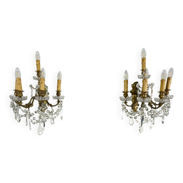 Bronze and Crystal Wall Lights with Pendants, Louis XV style – Late 19th century