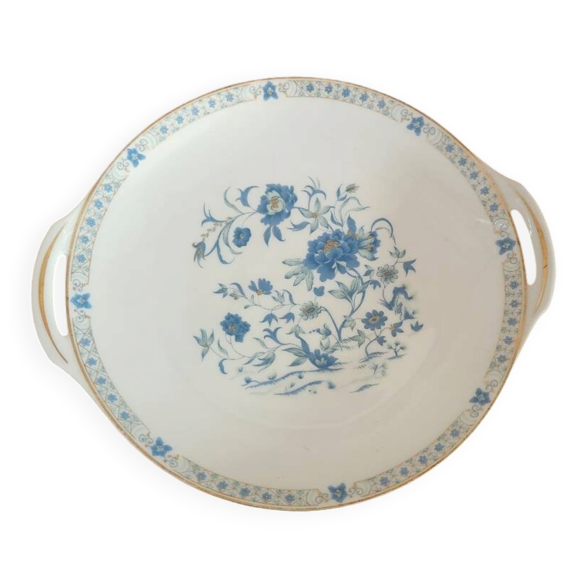 Round serving dish with handles (probably a cake dish or a plate)