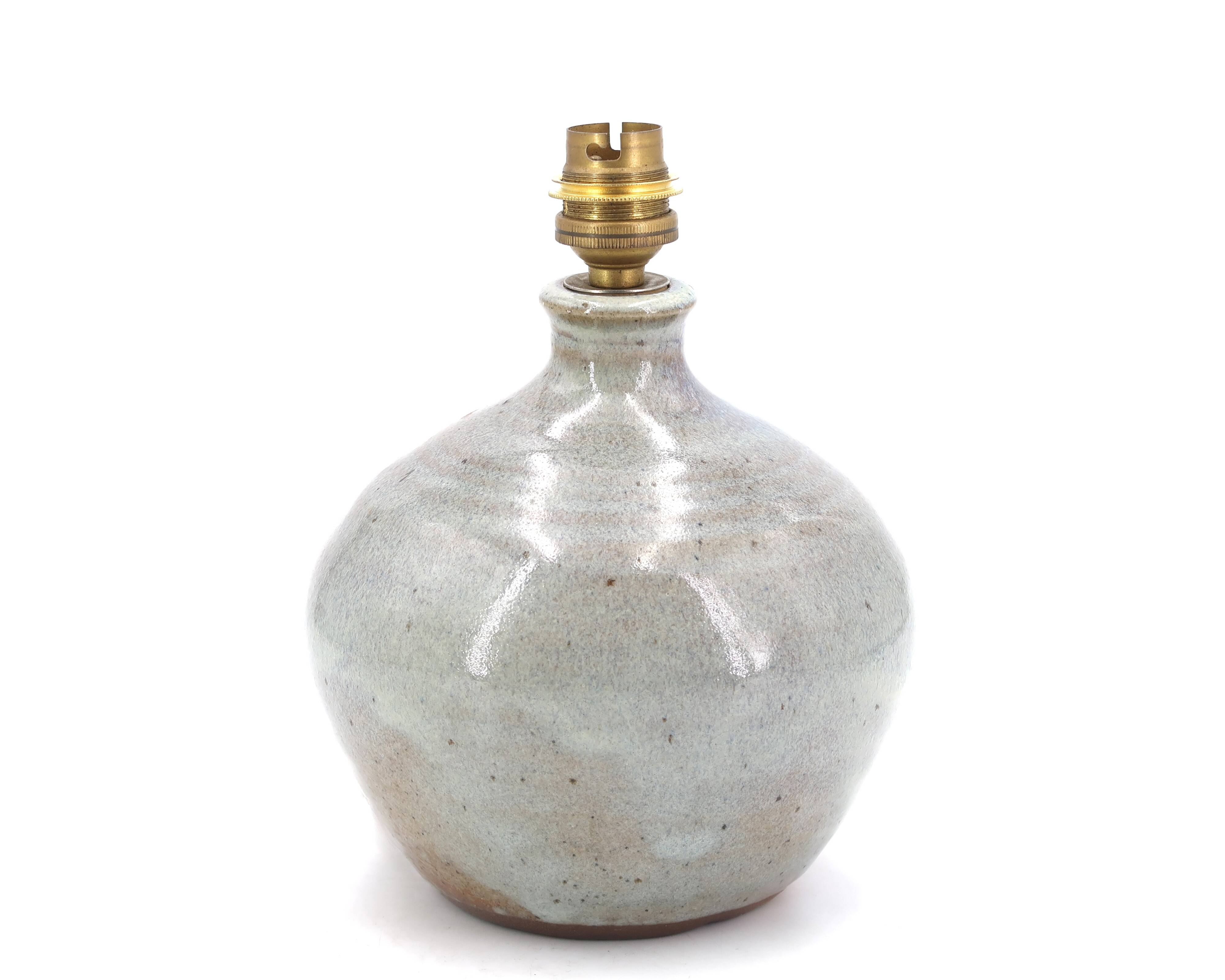 Grey-blue ceramic lamp, raffia lampshade, 1960s