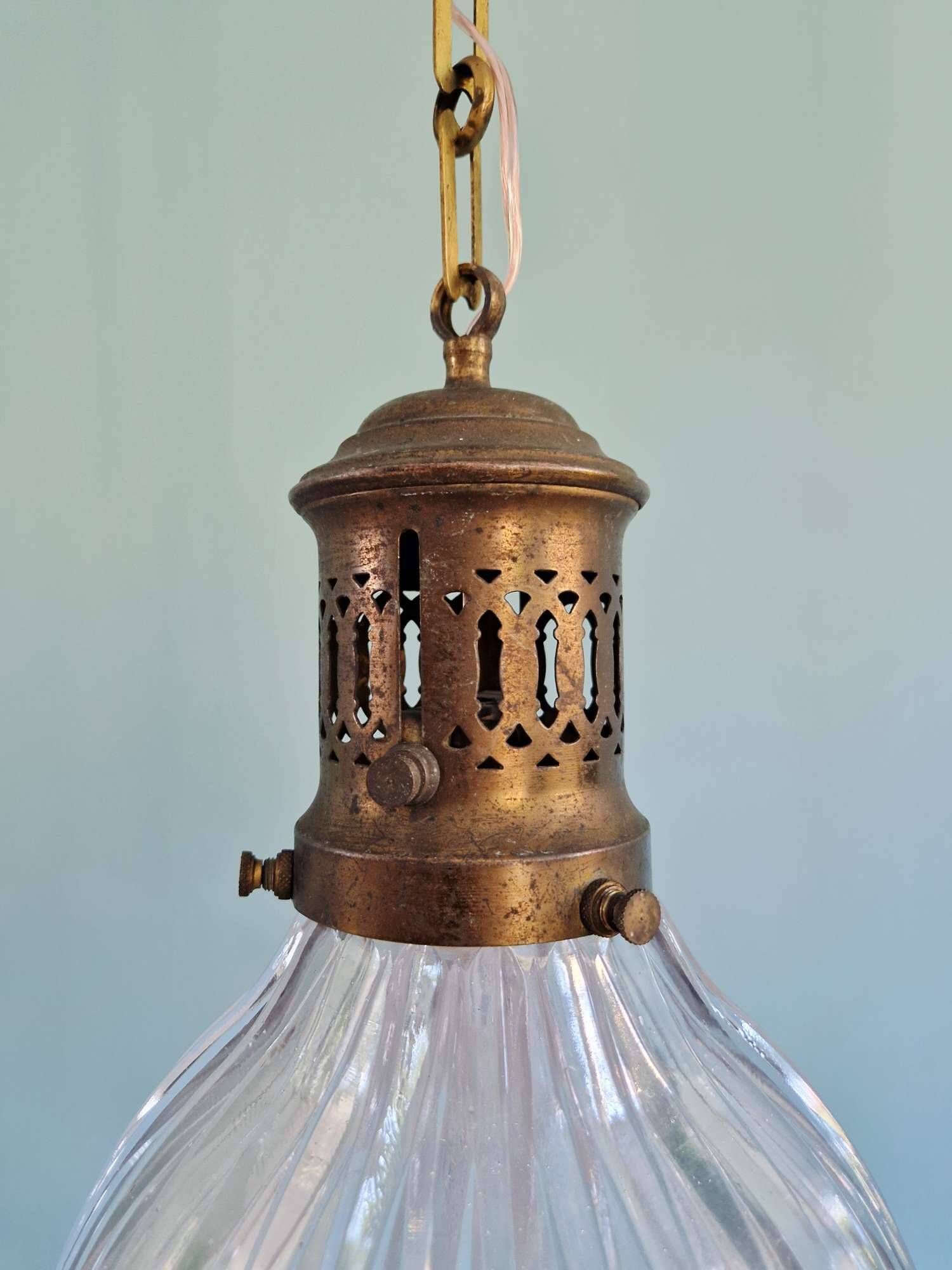 Large Holophane pendant light in clear ribbed glass, 1920-30.