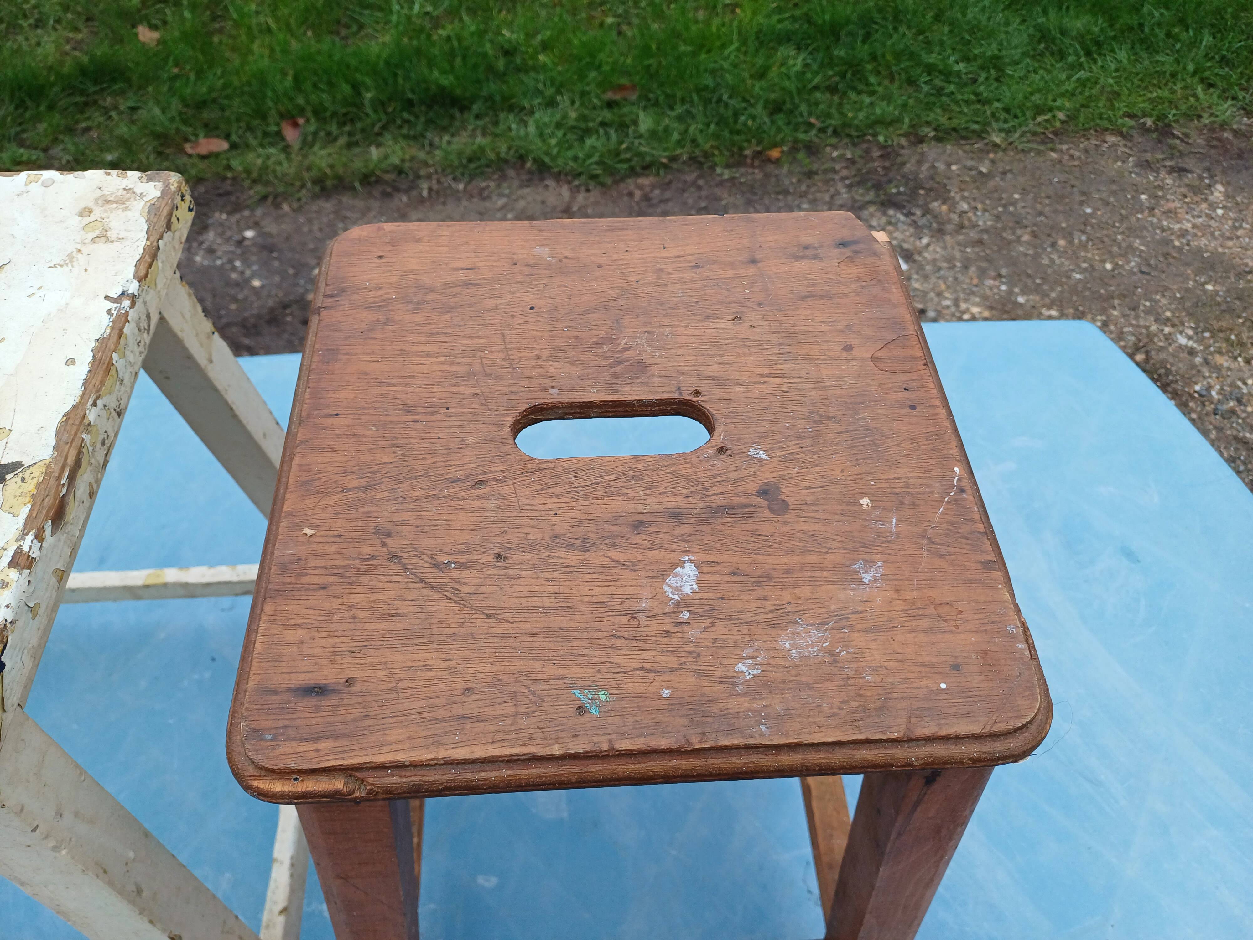 2 wooden workshop stools