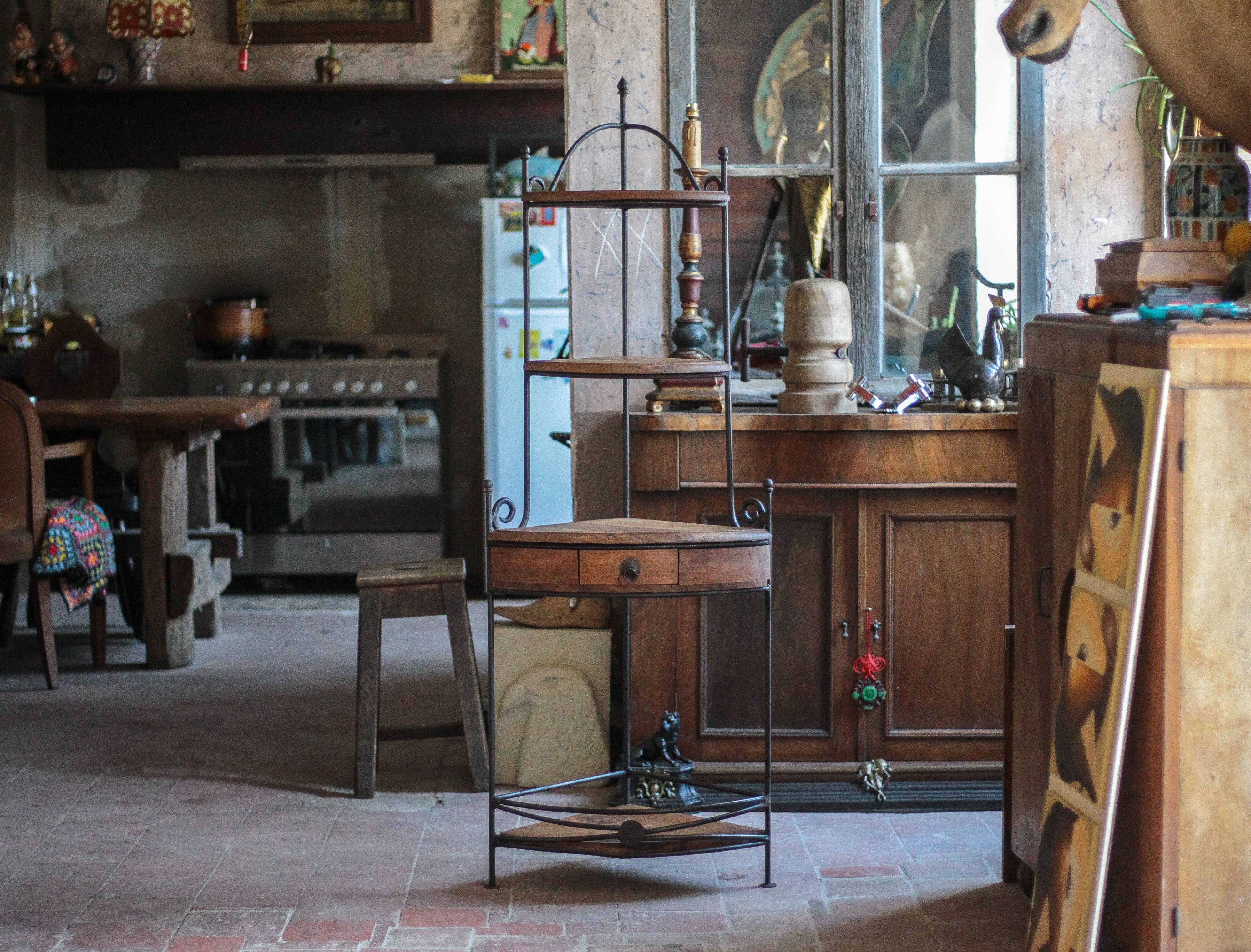 Wrought iron and wood corner unit, vintage corner furniture, corner shelf.