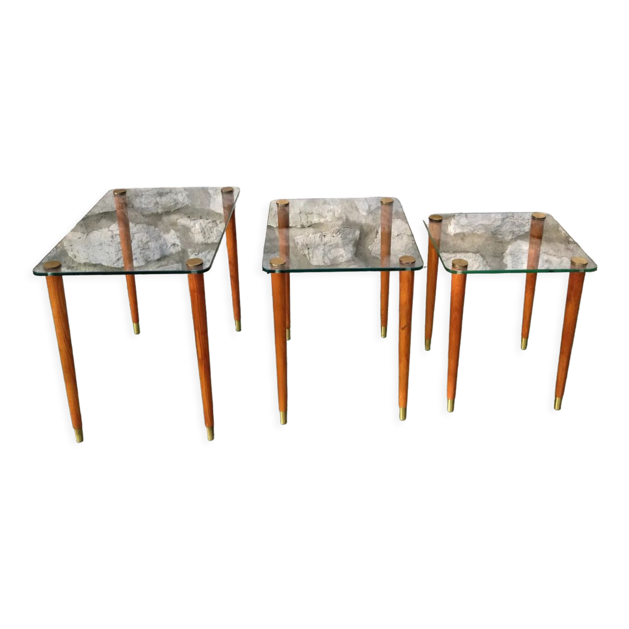 Nesting tables 50s in glass wood and brass