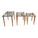 Nesting tables 50s in glass wood and brass