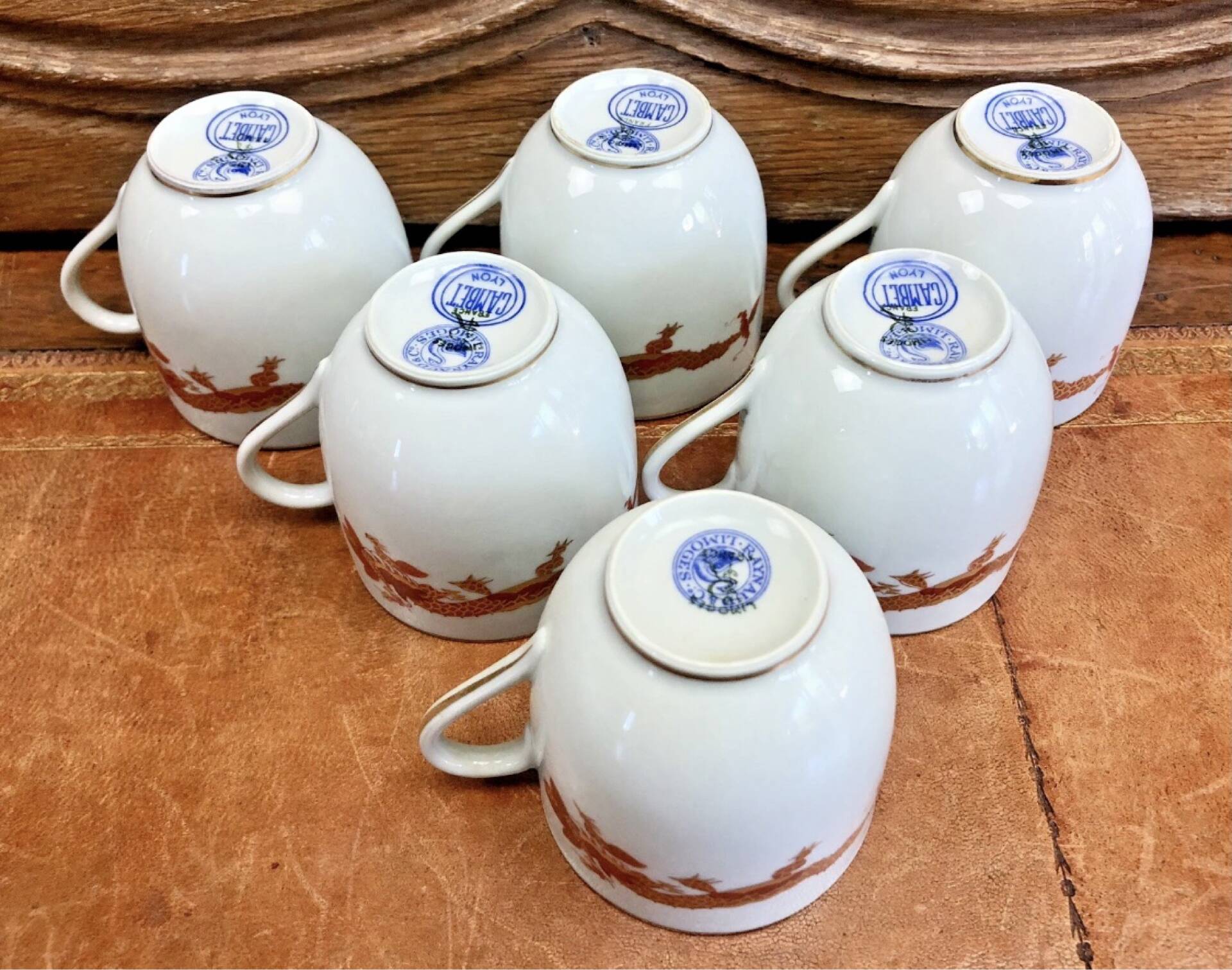 Service of 6 porcelain coffee cups Raynaud Limoges celadon green dragon