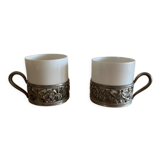 2 cups tin, les Etains de l'Ile de France, and porcelain cups Jammet Seignolles