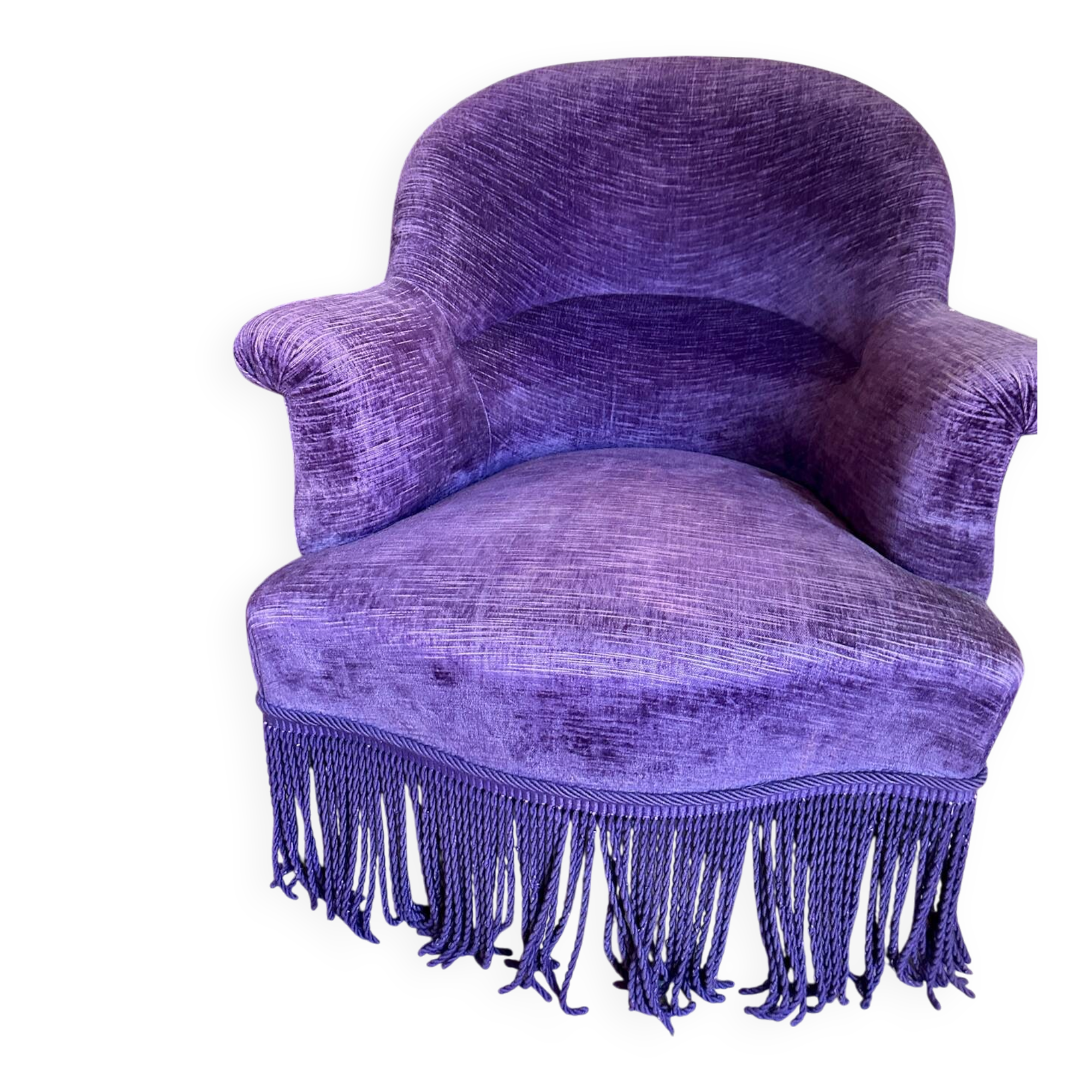 Large armchair, pouffe, purple in velvet.
