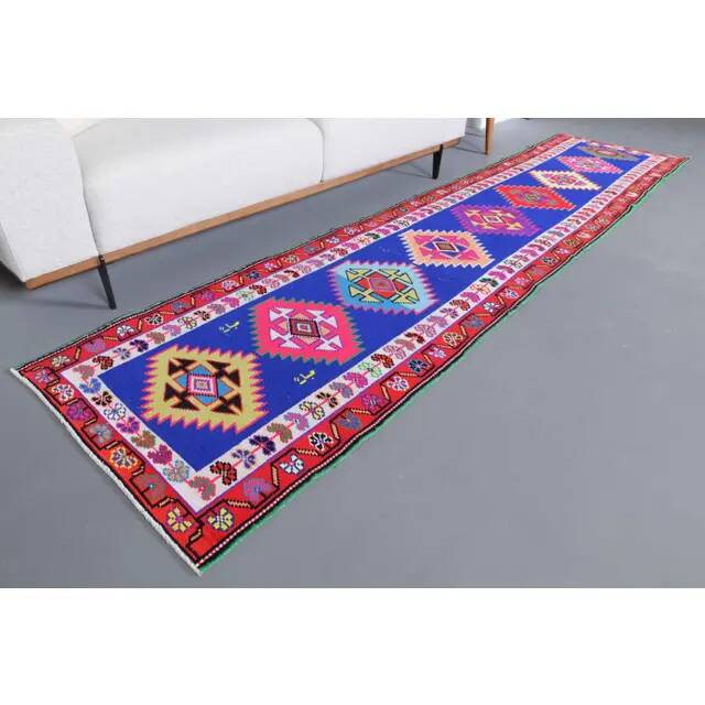 1970s Vintage Turkish Hand-Knotted Wool Cotton Blue Runner Rug 83x364