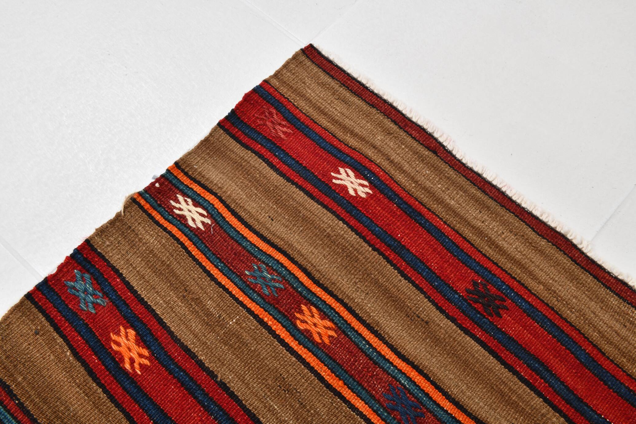 Turkish Striped Red Brown Vintage Kilim Rug, 154x246Cm