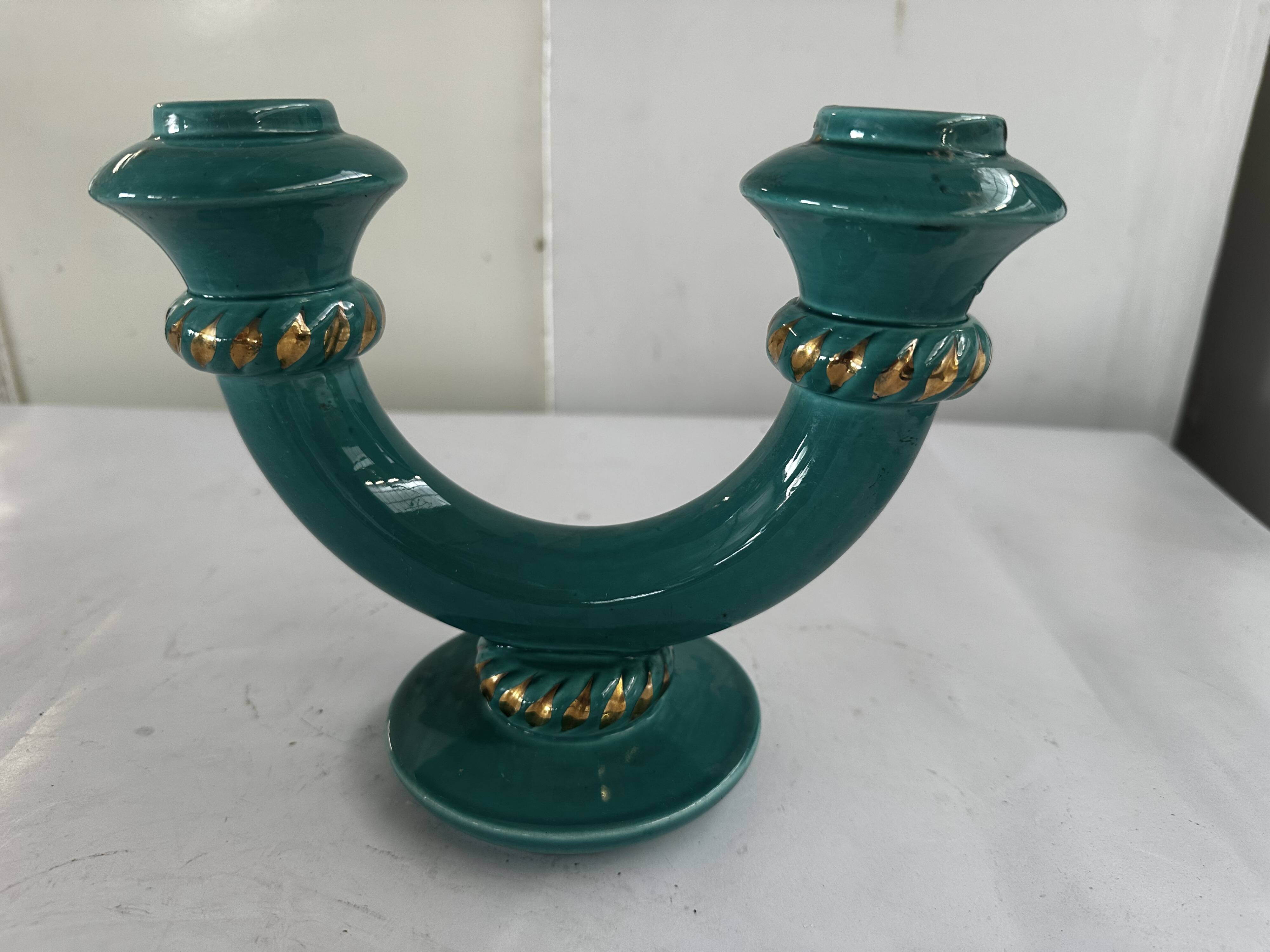 Art Deco candlestick in green and gold glazed ceramic, attributed to Vallauris