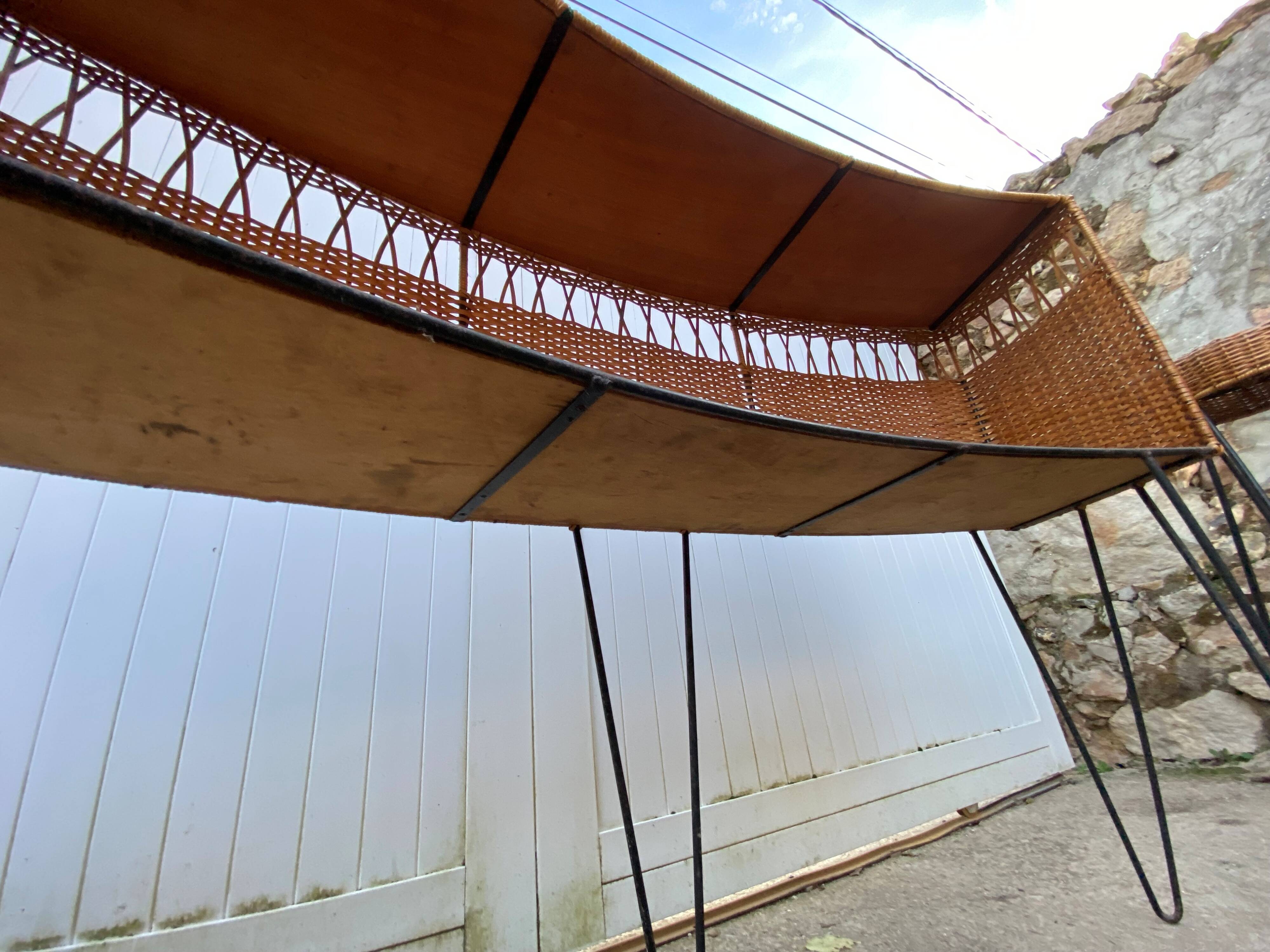 Vintage 1950s bar counter with two rattan and metal stools