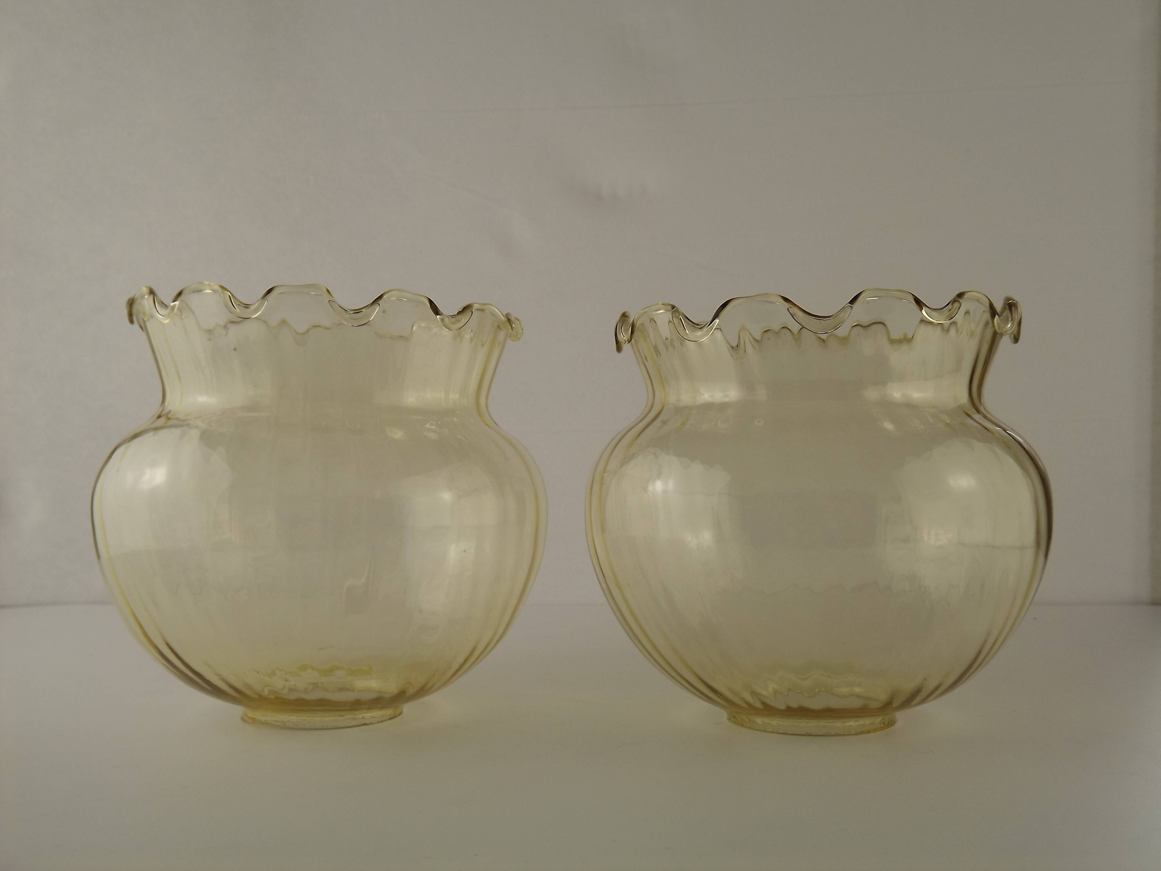 Set of 2 Vintage French Amber Ribbed Effect Glass Shades with Frilled Edge 5595