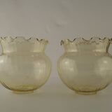 Set of 2 Vintage French Amber Ribbed Effect Glass Shades with Frilled Edge 5595