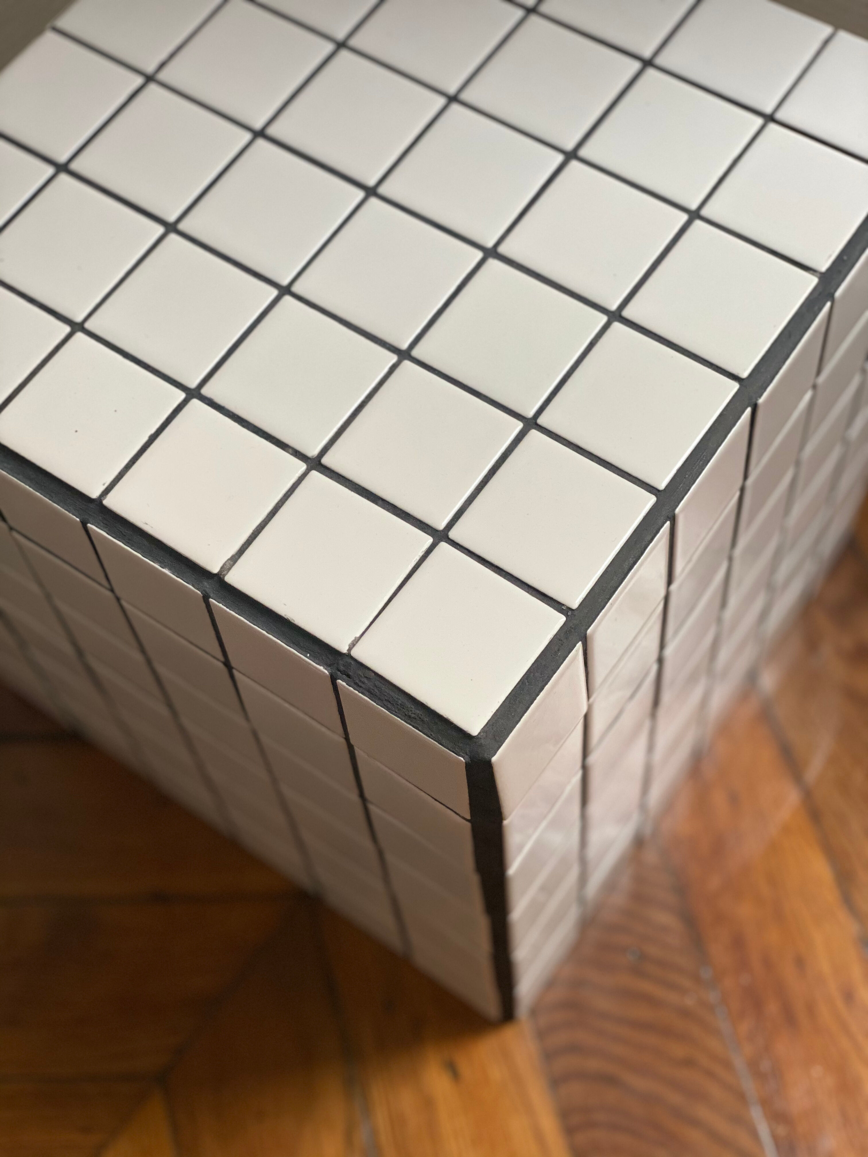 Checkerboard cube bedside table tiled white retro black tile