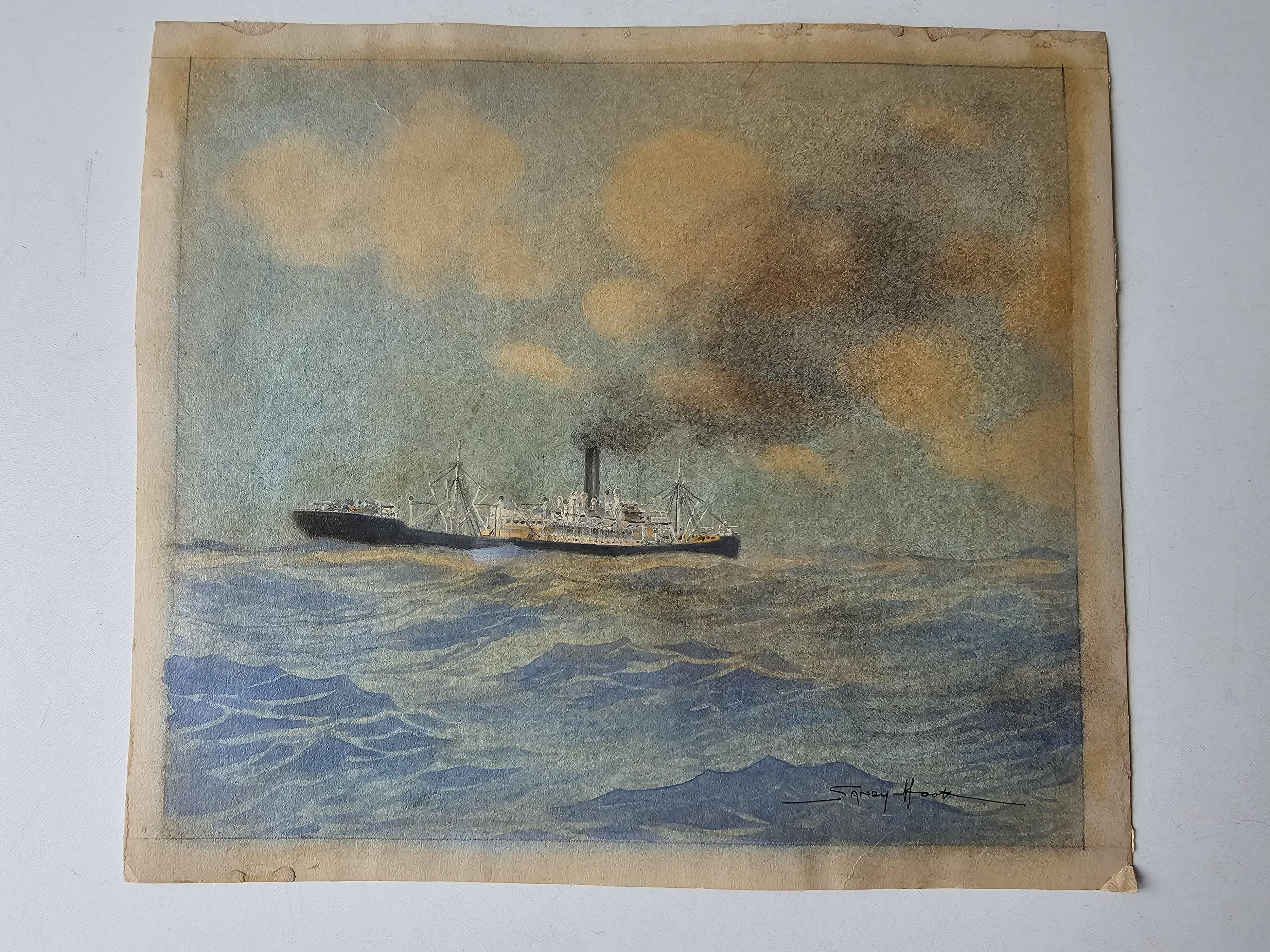Watercolor of a liner at sea signed taboureau georges known as sandy-hook (1879-1960)