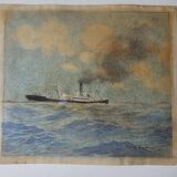 Watercolor of a liner at sea signed taboureau georges known as sandy-hook (1879-1960)