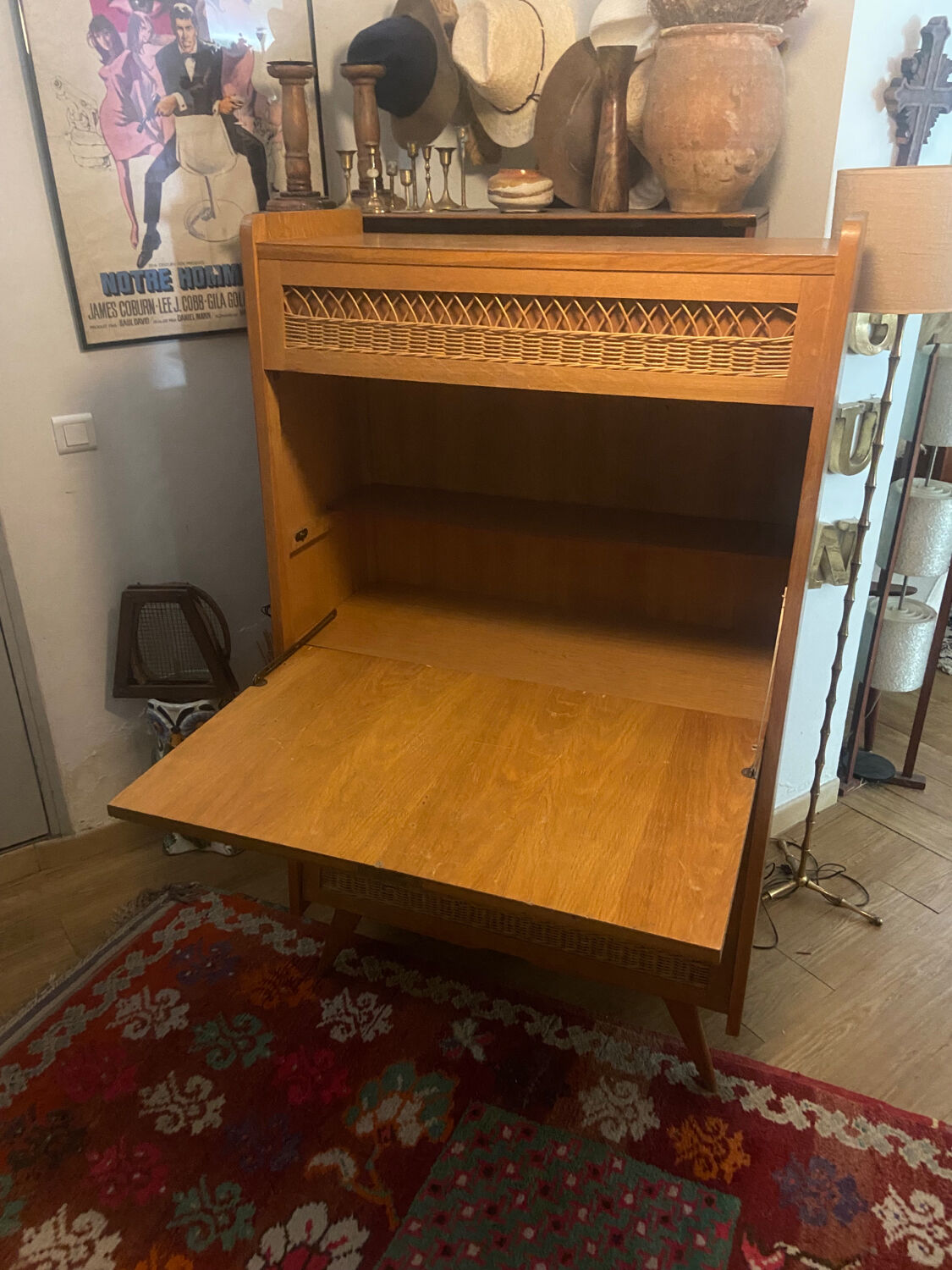 Vintage wooden and rattan secretary