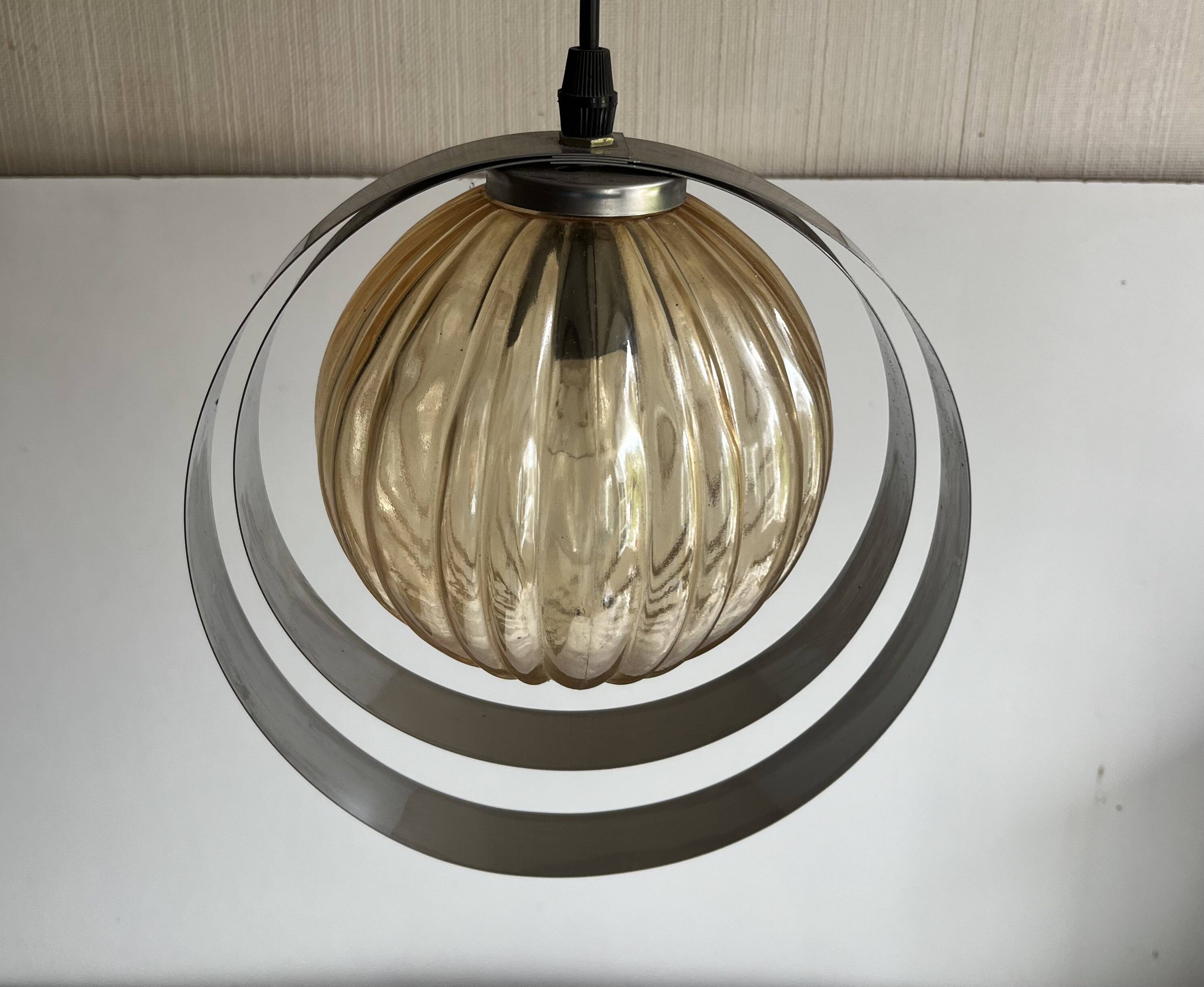 Space Age Chrome Rings Amber Globe Pendant Light