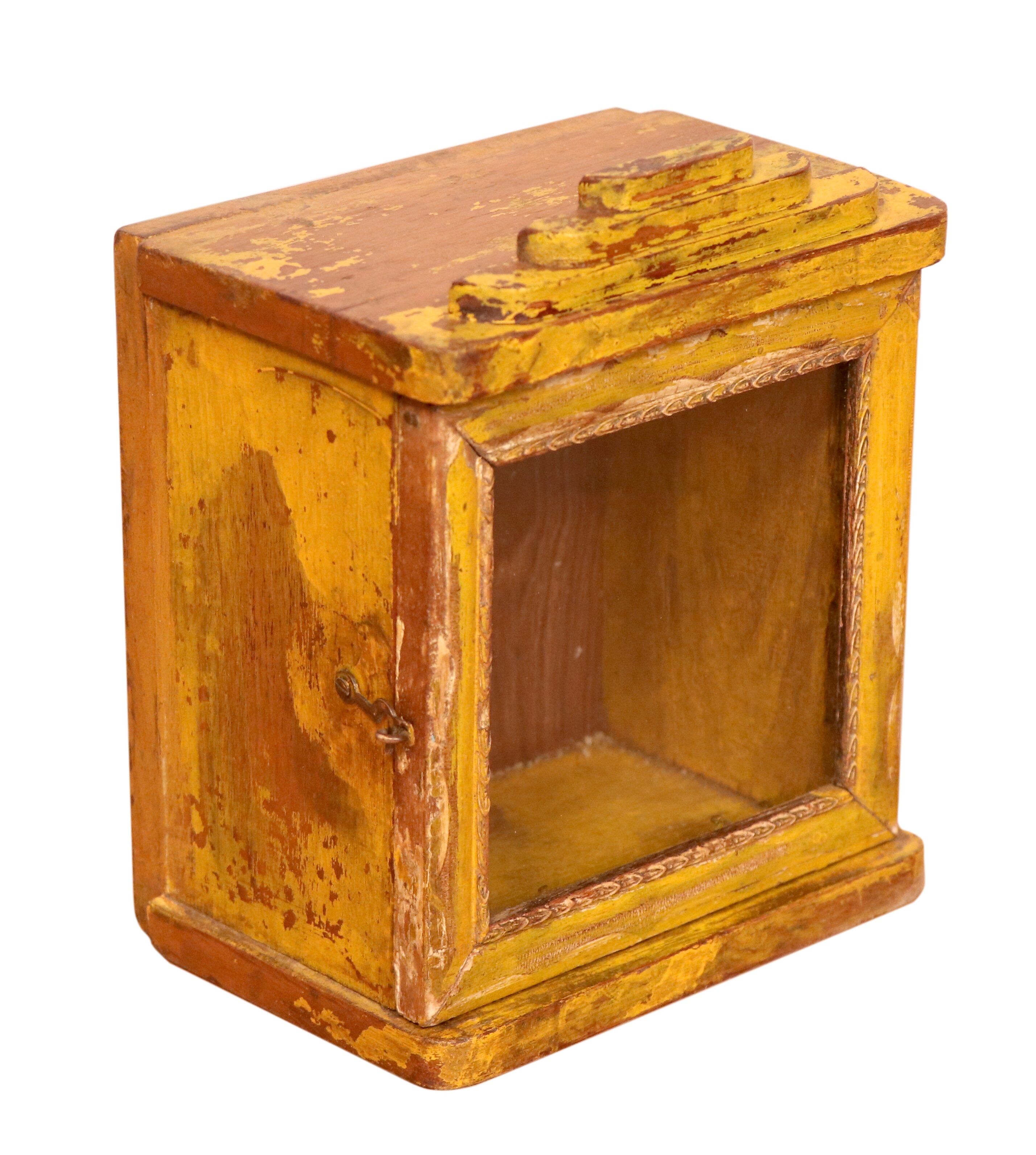 Old art deco wall showcase in original yellow teak
