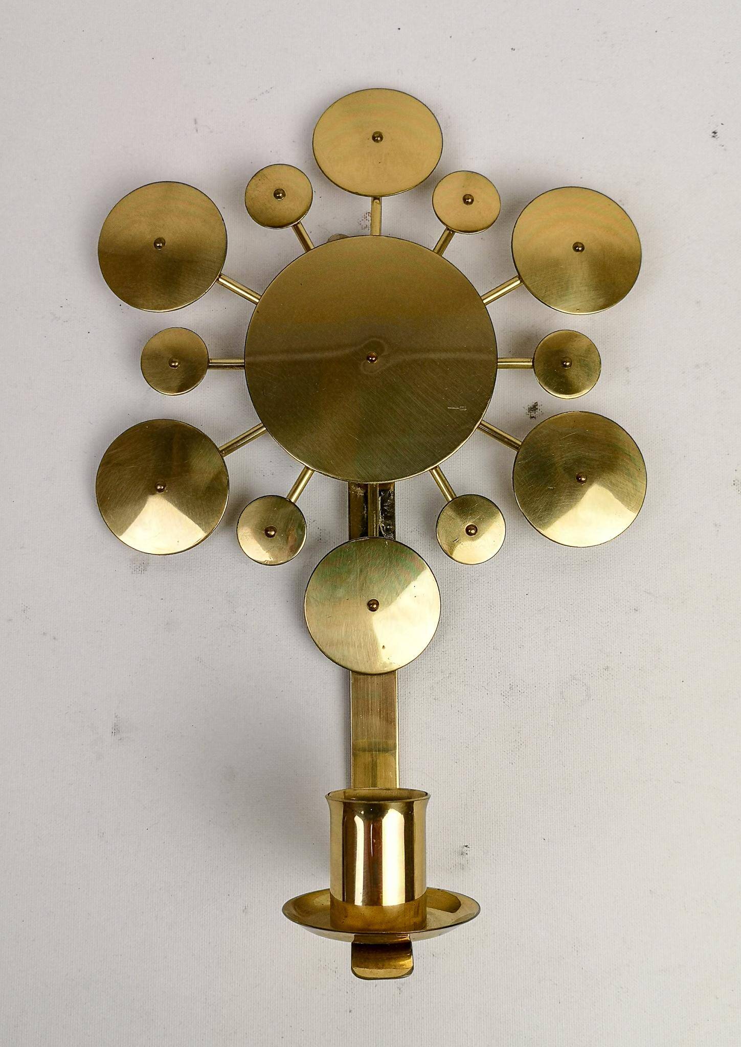 Set of 3 Wall Candle Holders in Brass "Sunburst" Holmström, Arvika, Sweden, 1960s