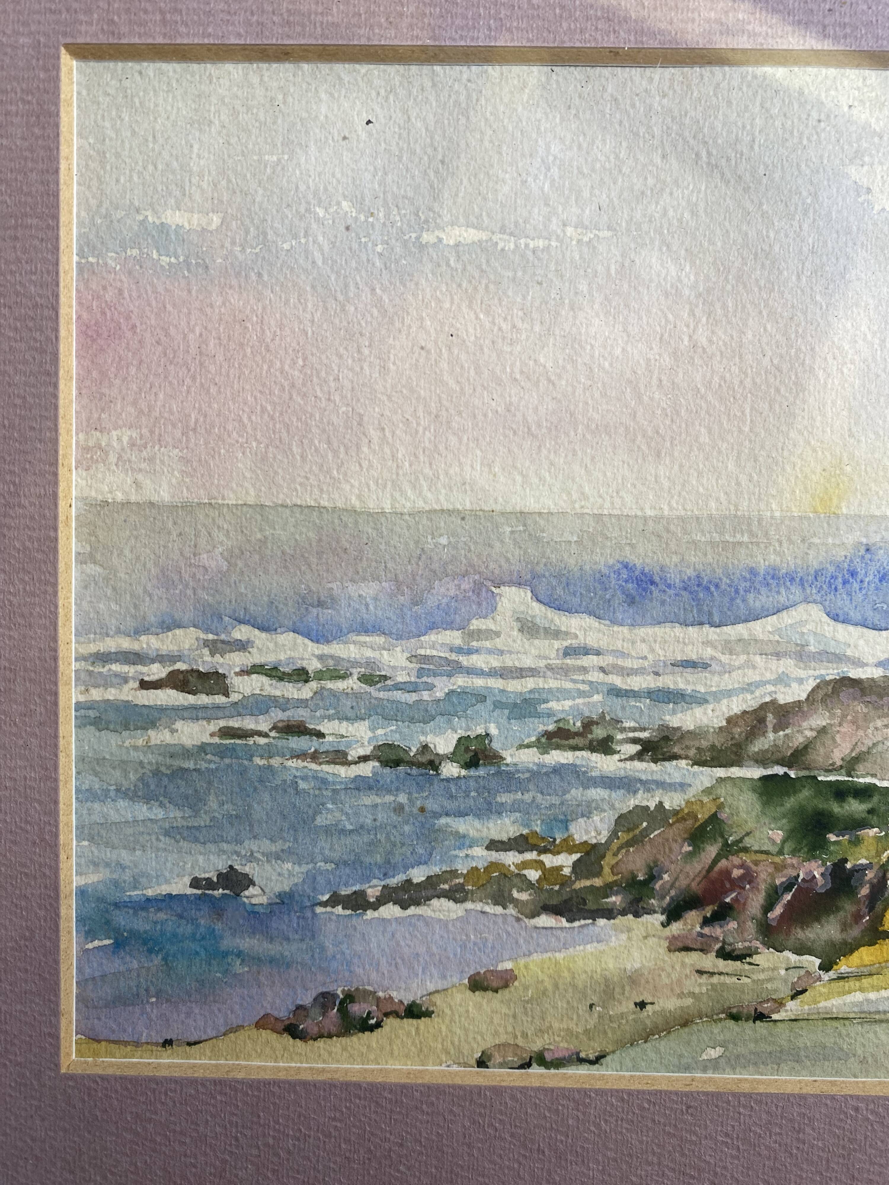Aquarelle Sur Papier JEAN MOREL Vue Bord De Mer + Cadre Bois Blanc Vintage