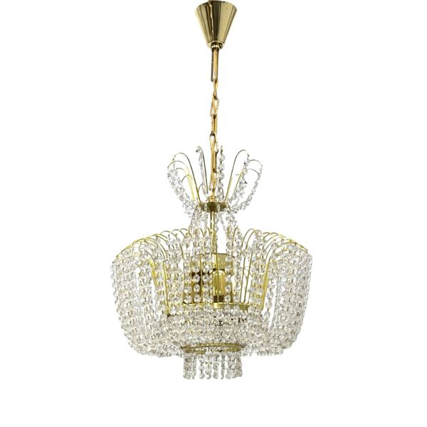 Chandelier en cristal de Kamenický Šenov, laiton doré, années 1970, Tchécoslovaquie