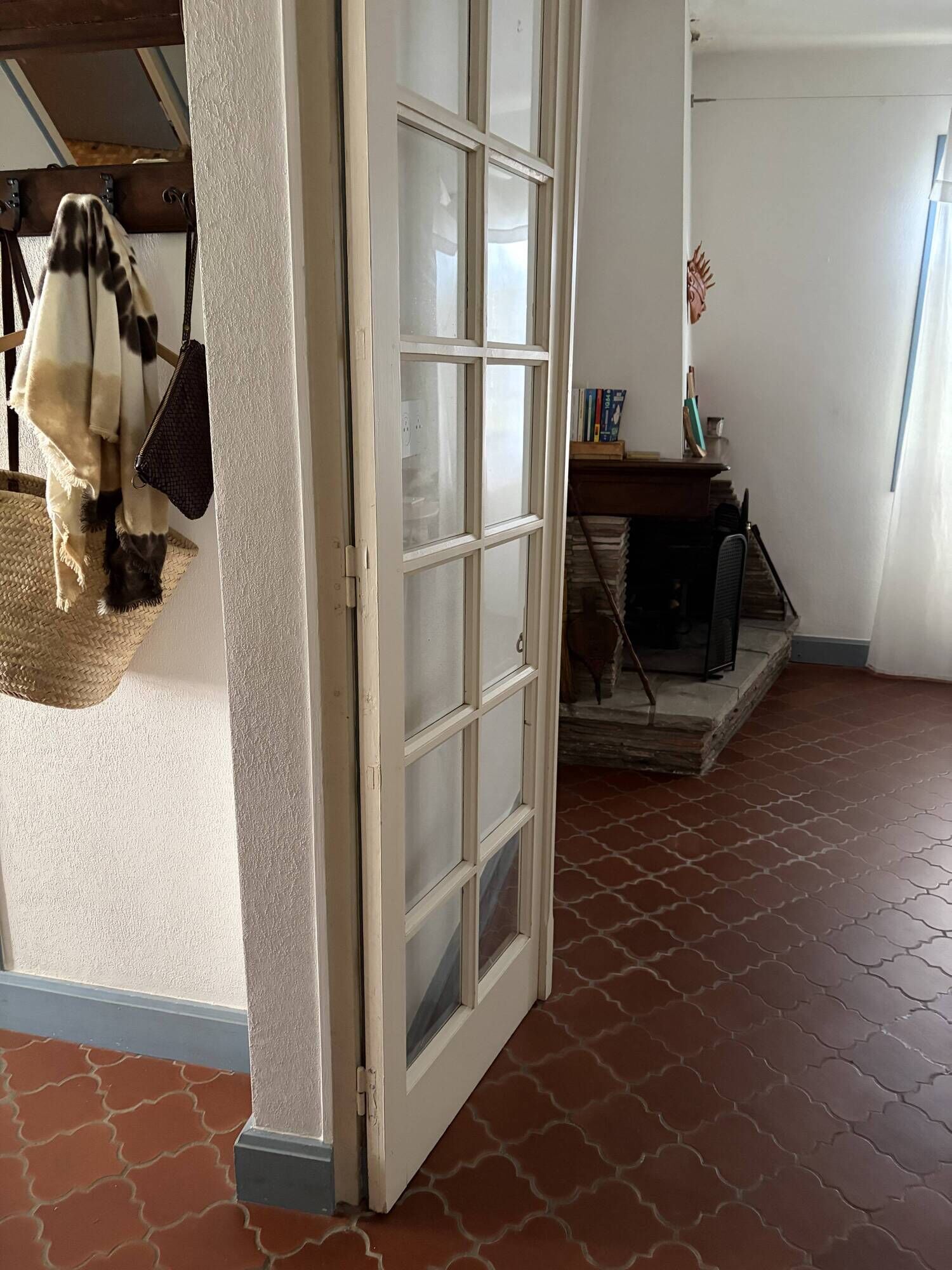 Triptych glass door with three panels featuring small panes. Vintage.